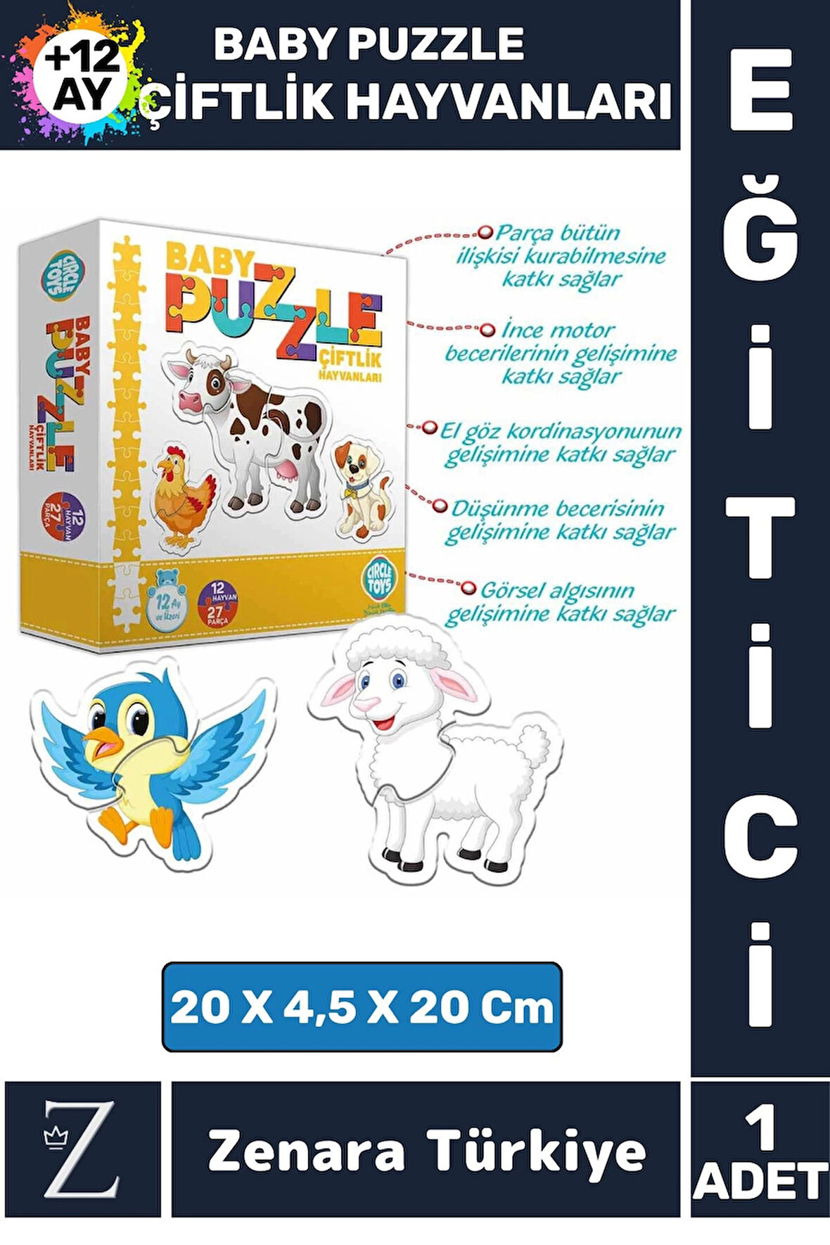 Bebek Gelişim Görsel Algı Düşünme Beceri Gelişimi Eğitici BABY PUZZLE-ÇİFTLİK HAYVANLARI
