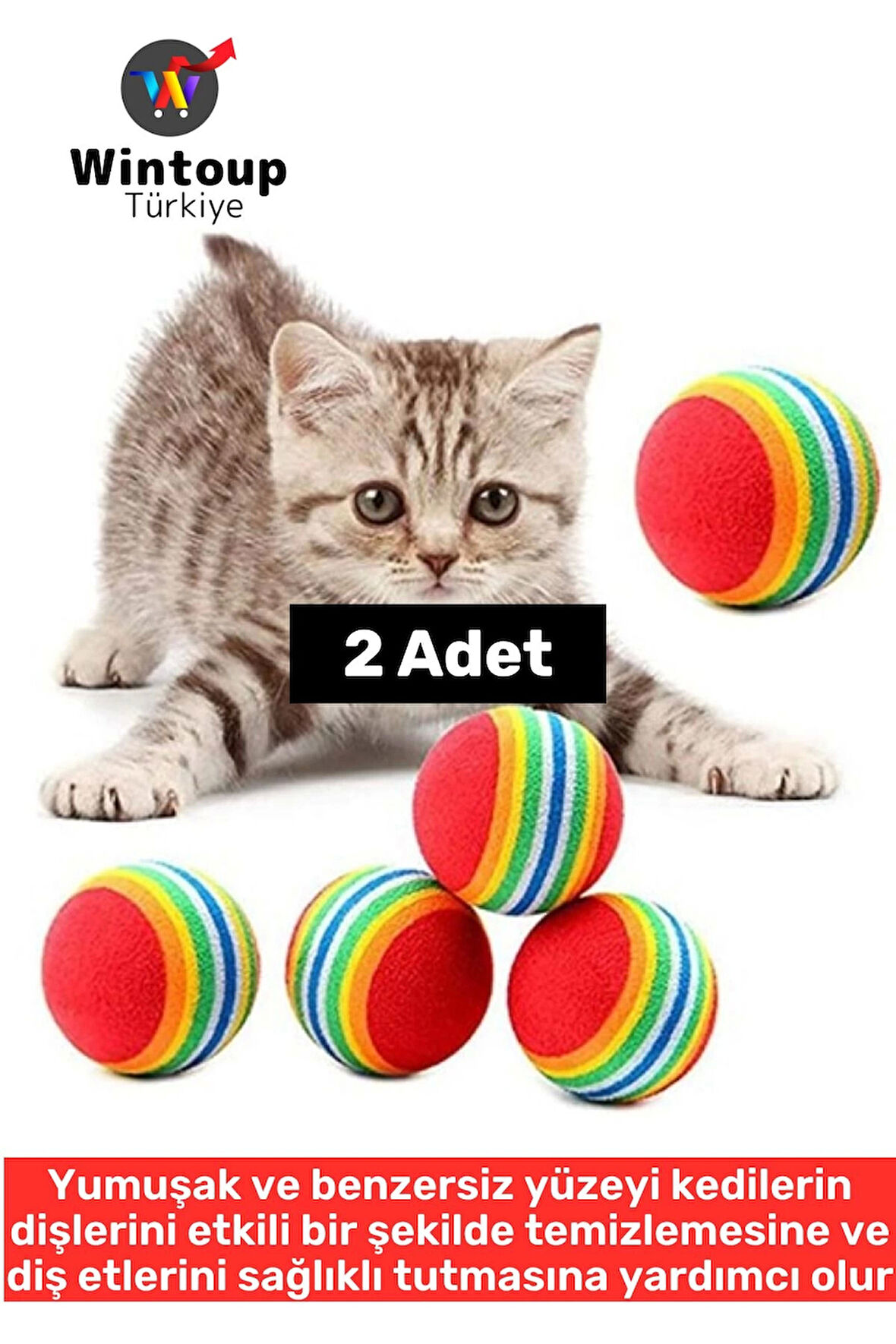 Eğlenceli Dayanıklı Yumuşak Zararsız Diş Temizleme Kaşıma Masaj Etkili Gökkuşağı Kedi Oyun Topu 2 Ad