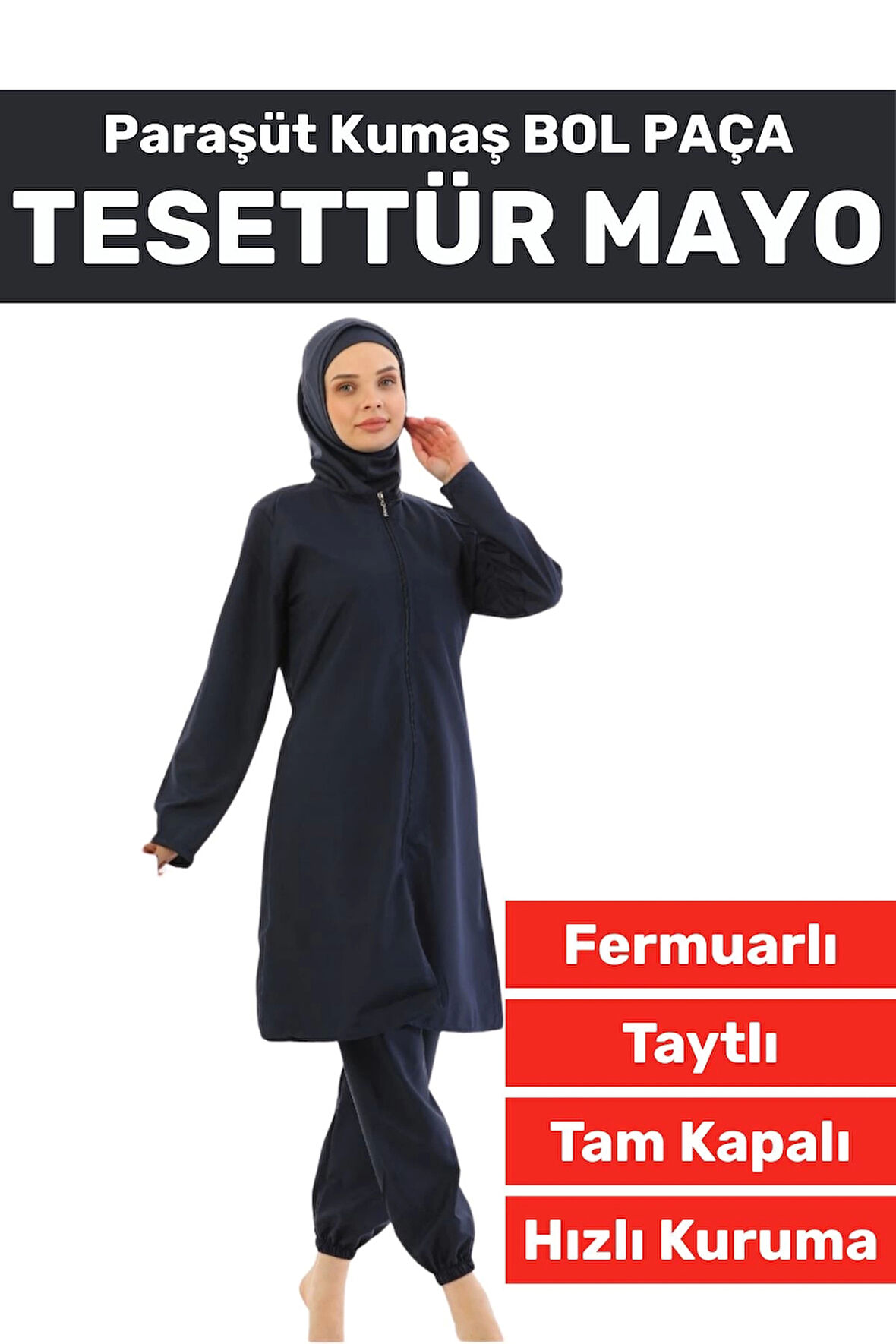 Özel Üretim Yüksek Kalite Konforlu Fermuarlı Taytlı Tam Kapalı Paraşüt Kumaş Bol Paça TESETTÜR MAYO