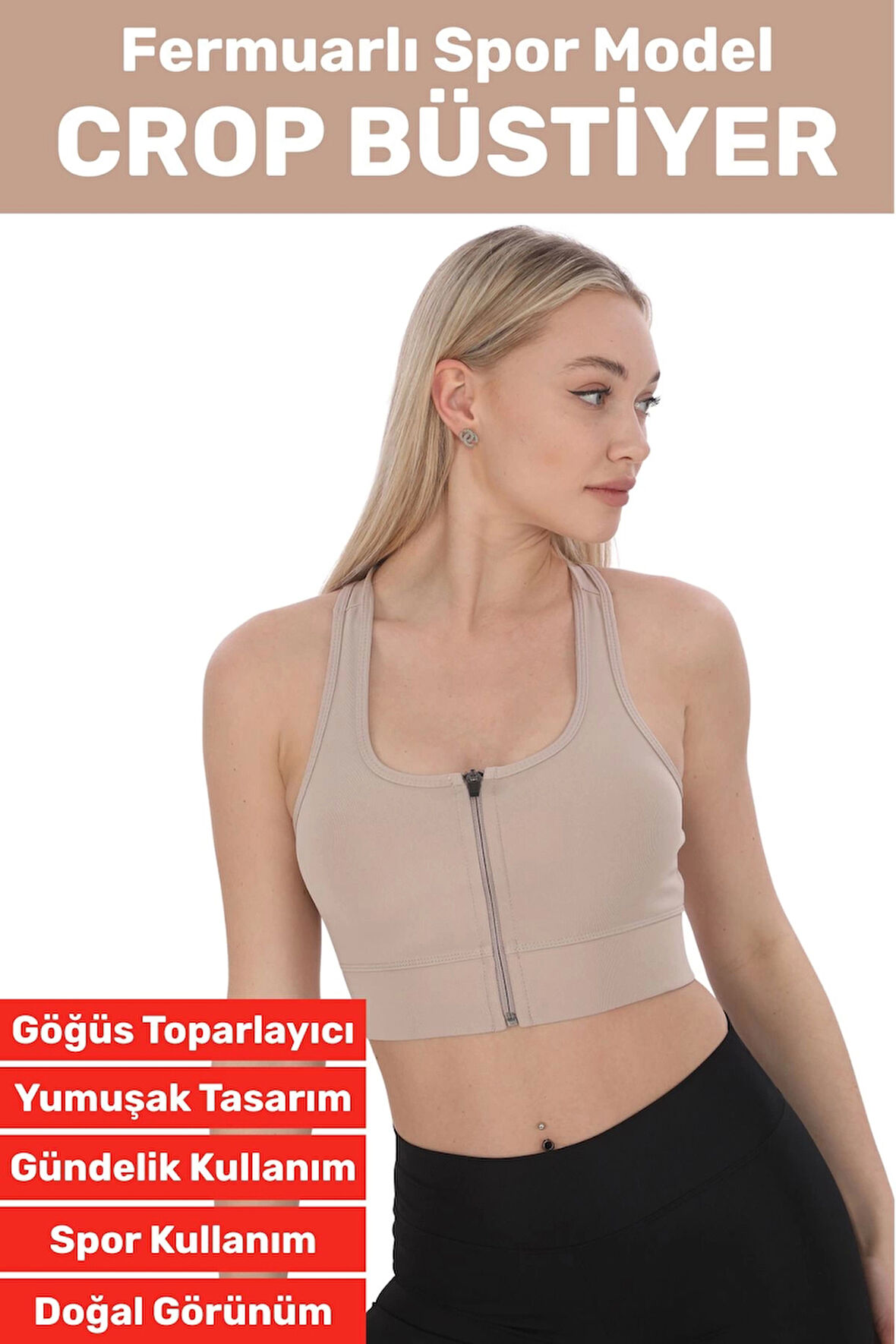 Özel Üretim Göğüs Toparlayıcı Sarkma Önleyen Spor Gündelik Kullanım Fermuarlı Şık Crop Büstiyer