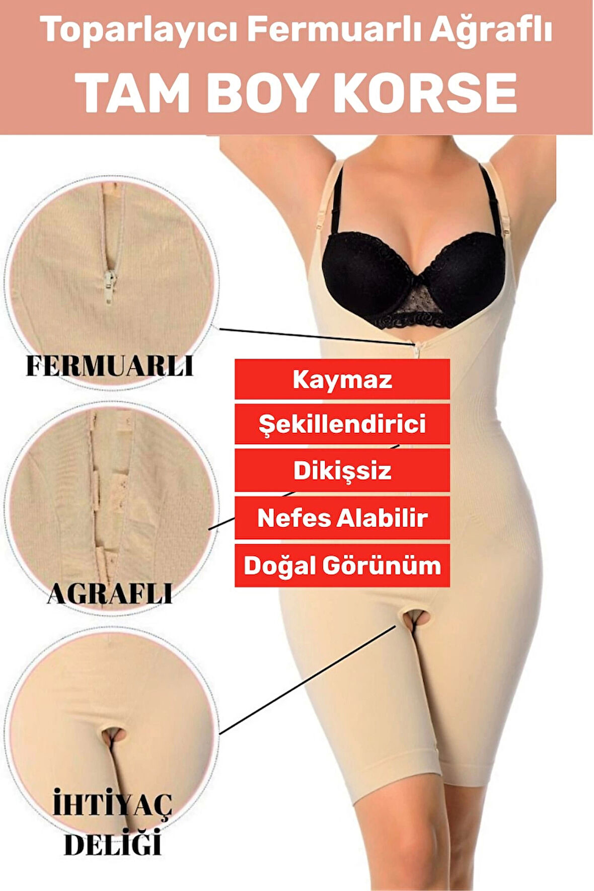 Özel Üretim Vücut Şekillendirici Beden Küçülten Toparlayıcı Fermuarlı Tam Boy Korse