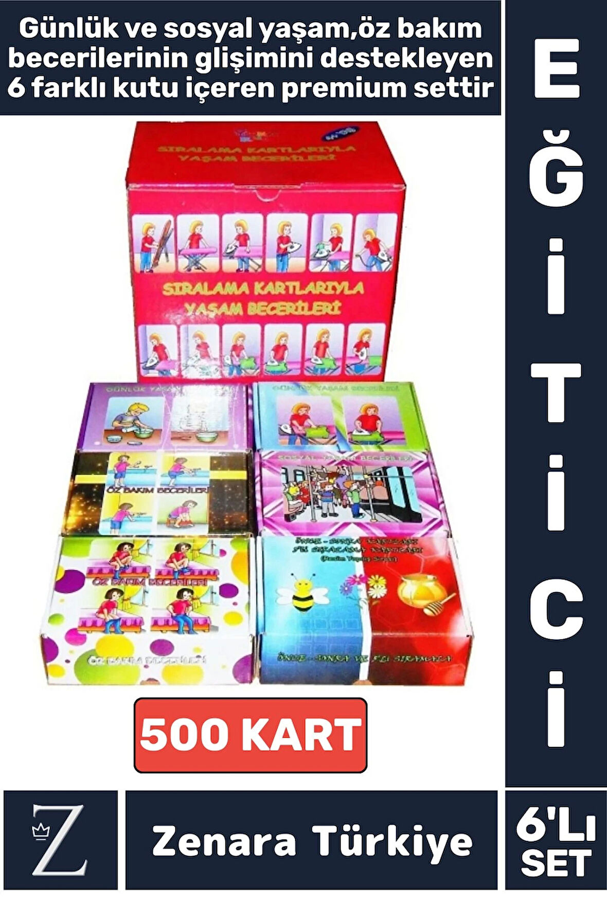 Eğitici Sosyal Günlük Yaşam Öz Bakım Geliştirici 500 Sıralama Kartı YAŞAM BECERİLER 6'LI PREMİUM SET