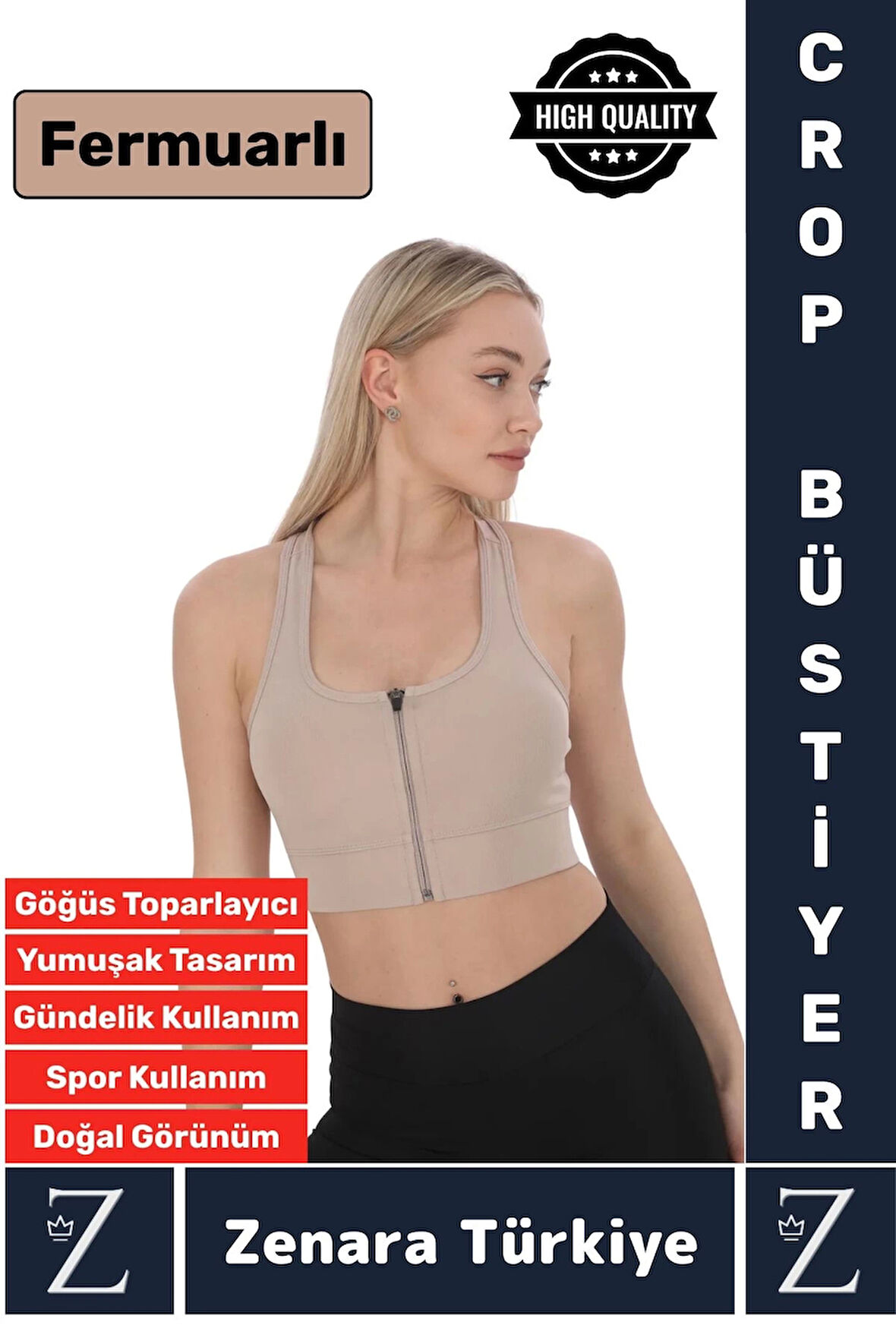 Yüksek Kaliteli Sarkma Önleyen Göğüs Toparlayıcı Spor Gündelik Kullanım Fermuarlı Şık Crop Büstiyer