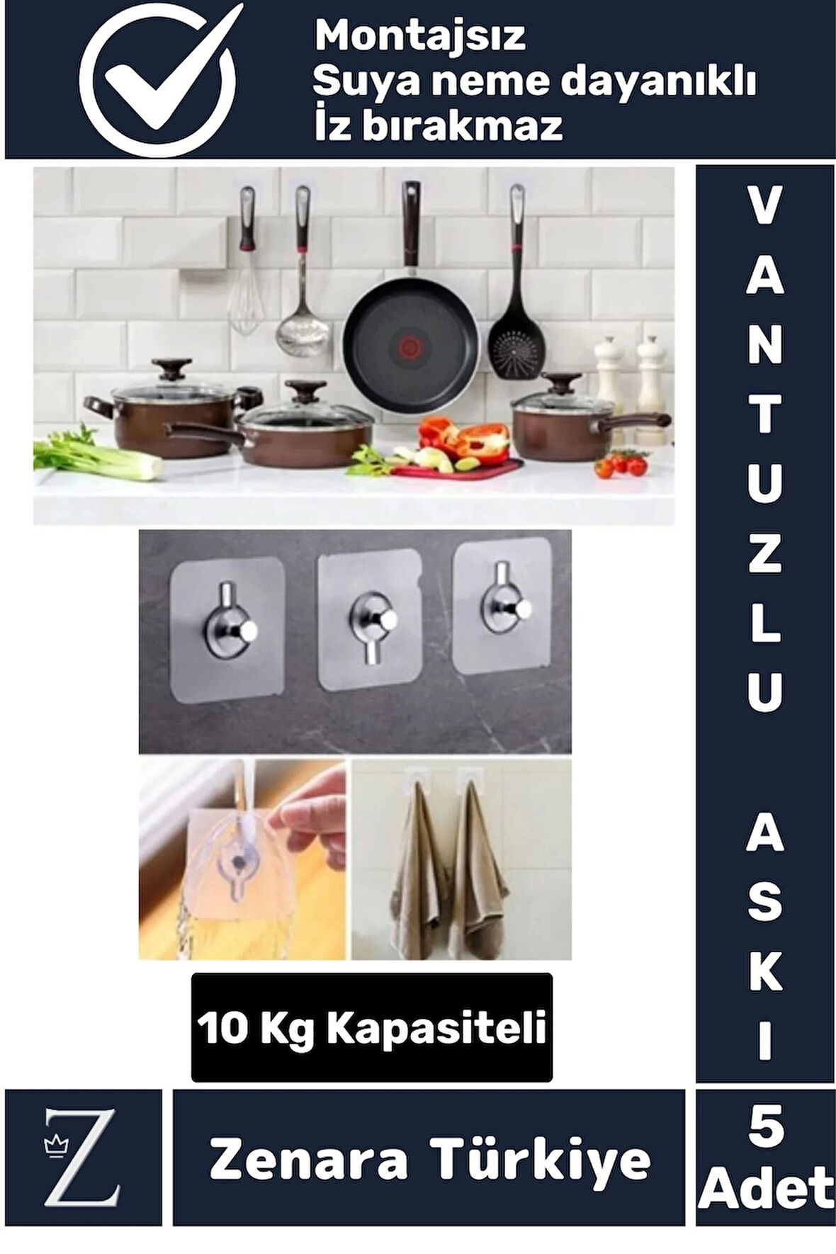 Premium Suya Neme Ekstra Dayanıklı Montajsız Banyo Mutfak Ultra Güçlü Vantuzlu Askı 5 Adet