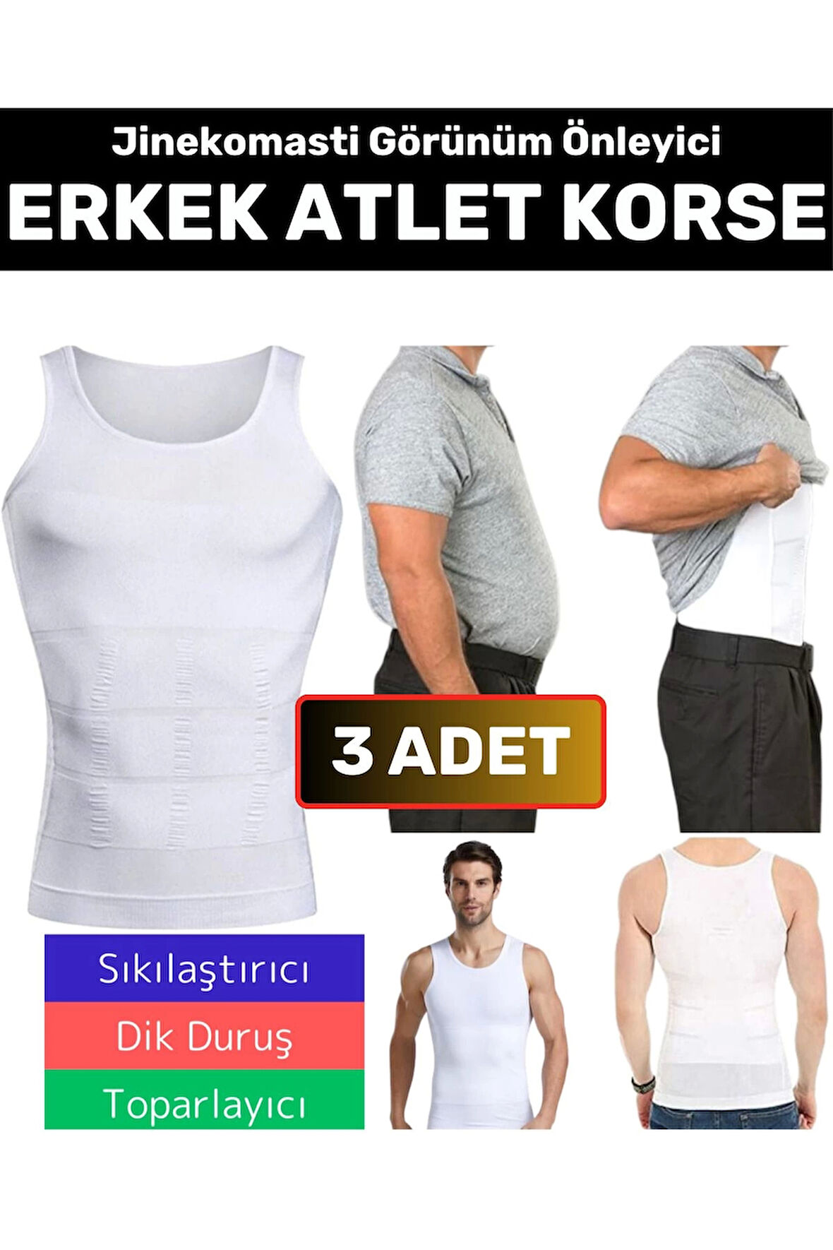 Özel Üretim Jinekomasti Dik Duruş Toparlayıcı Göbek Sıkılaştırıcı Elastik Erkek Atlet Korse 3 Adet