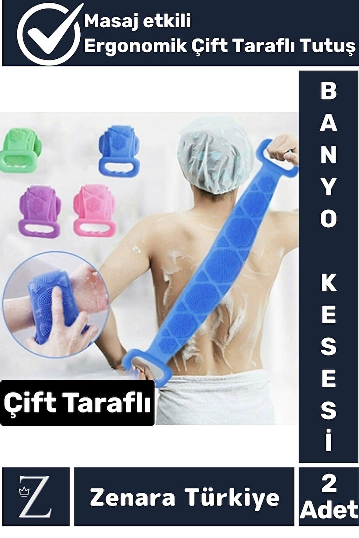 Premium Yüksek Kaliteli Ergonomik Tutuş Masaj Etkili Çift Taraflı Silikon Banyo Kesesi 2 Adet