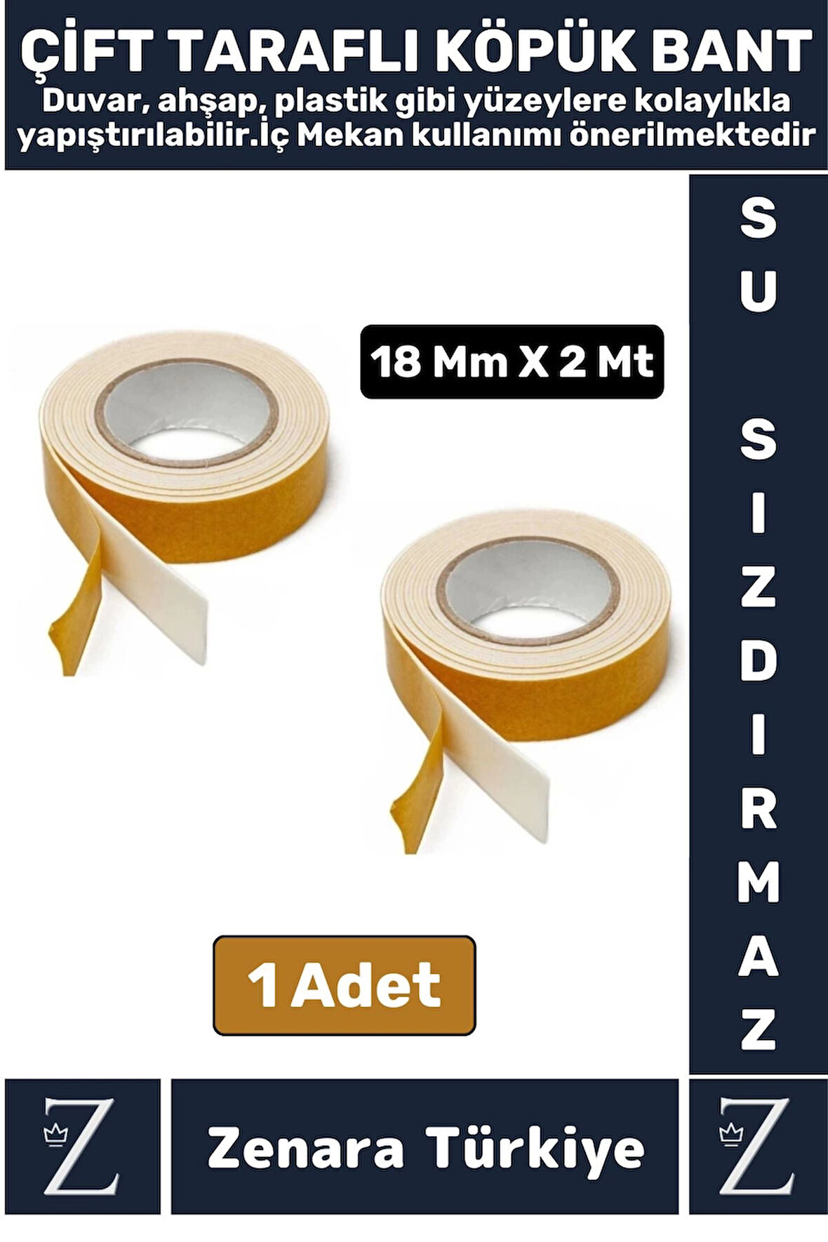 Uzun Ömürlü Ultra Güçlü Yapışkan Kolay Uygulanır İz Bırakmaz Çift Taraflı Köpük Bant 18 Mm X 2 Metre