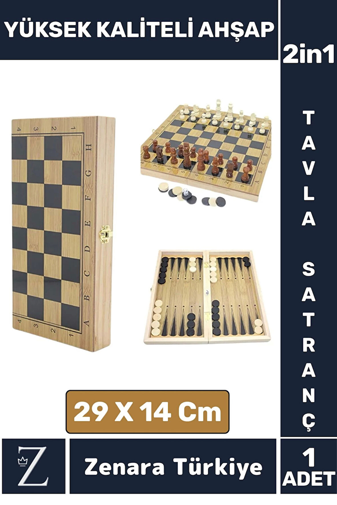 Premium Yüksek Kaliteli Ahşap Arkadaş Oyun Hediyelik Ahşap Tavla Satranç 2 in 1 Oyun Seti 29 X 14Cm