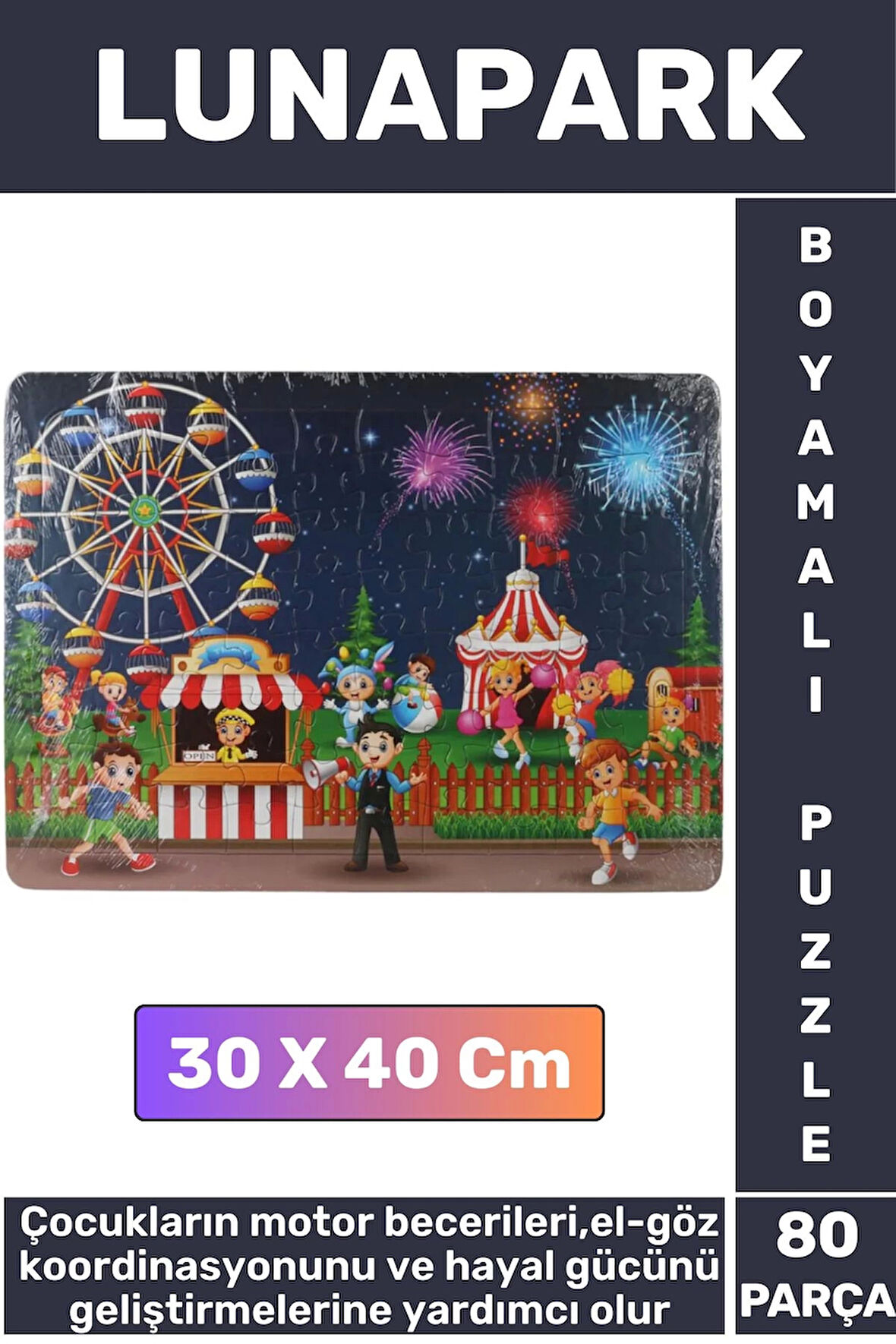 Premium Eğlenceli El Göz Koordinasyonu Motor Becerisi Geliştirici 80 Parça Boyamalı Puzzle LUNAPARK