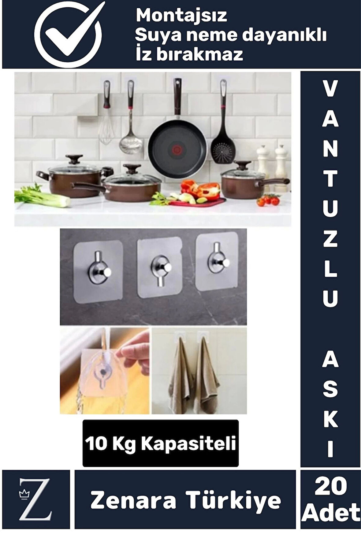 Premium Suya Neme Ekstra Dayanıklı Montajsız Banyo Mutfak Ultra Güçlü Vantuzlu Askı 20 Adet
