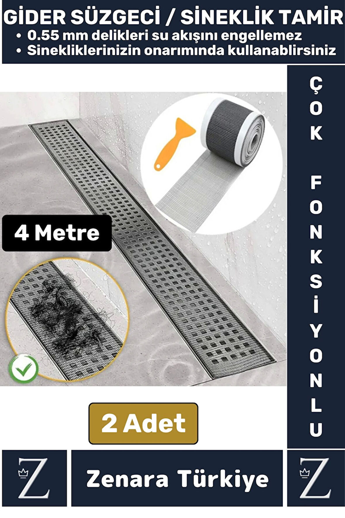 Suya Dayanıklı 0.55 Mm Delikli Sineklik Tamir Kiti Gider Süzgeci Saç Kıl Ayırıcı 12 CmX4 Metre 2Adet