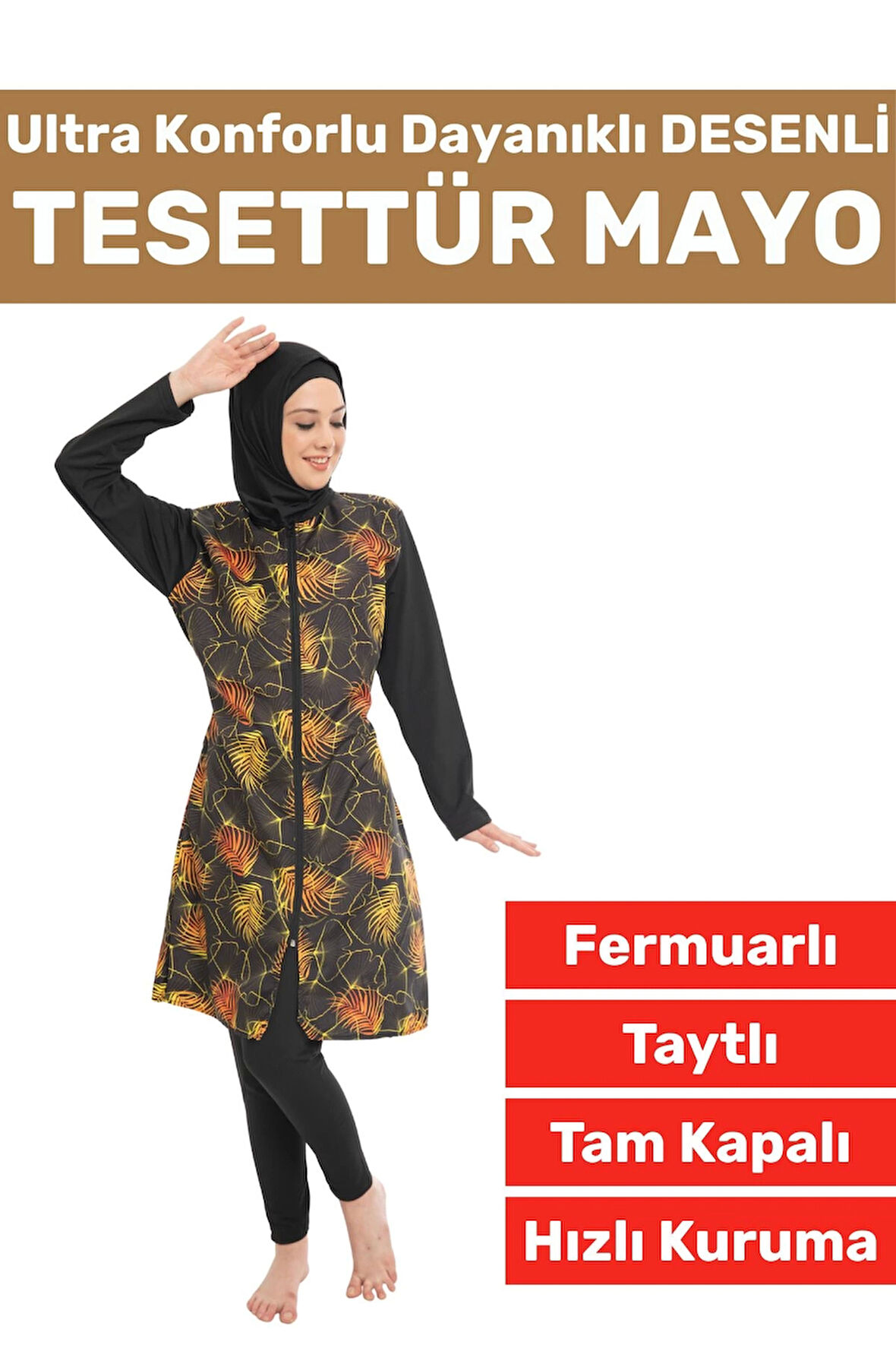 Premium Yüksek Kalite Konforlu Fermuarlı Tam Kapalı Yüzücü Deniz Havuz Desenli Taytlı TESETTÜR MAYO