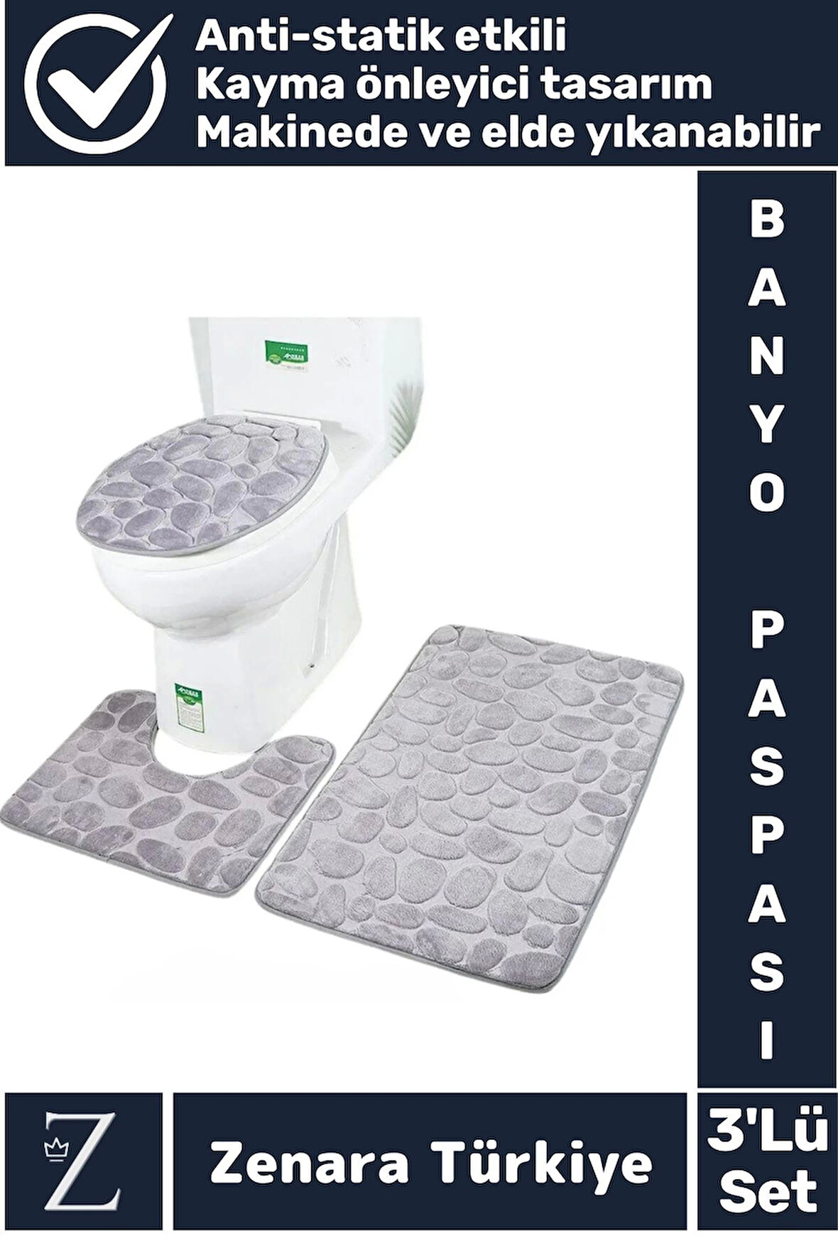 Premium Aşınmaz Emici Kaymaz Makinede Yıkanabilir Anti Statik 3'lü Banyo Tuvalet Paspas Seti