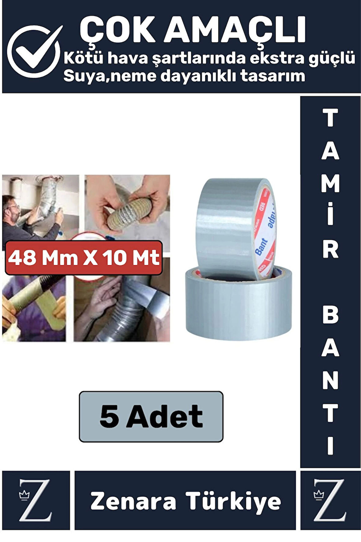 Ultra Güçlü Suya Neme Dayanıklı Çok Amaçlı Onarım Tamir İzolasyon Bantı Gri 48 Mm x 10 Metre 5 Adet
