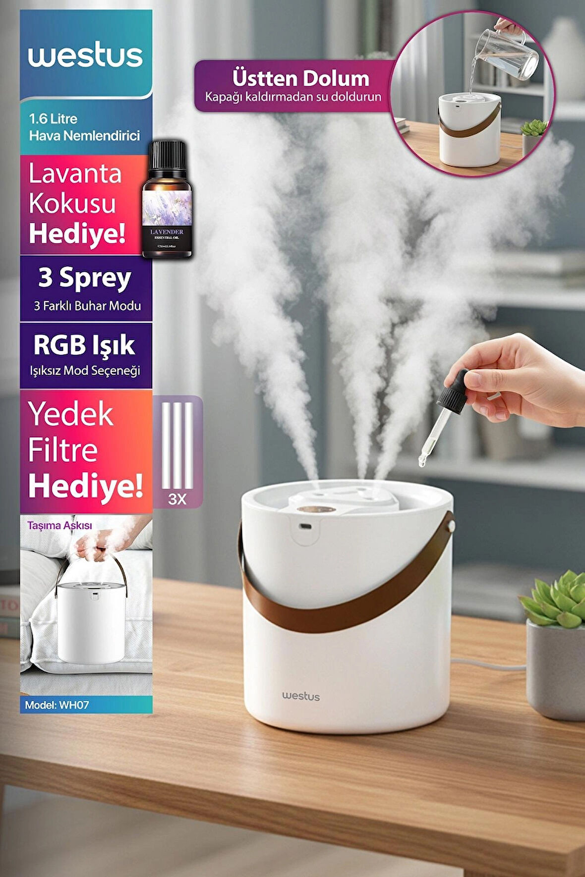 Westus 1.6 Litre Hava Oda Nemlendirici Buhar Makinesi Ultrasonik Aroma Difüzör - Koku + Filtre Hediye