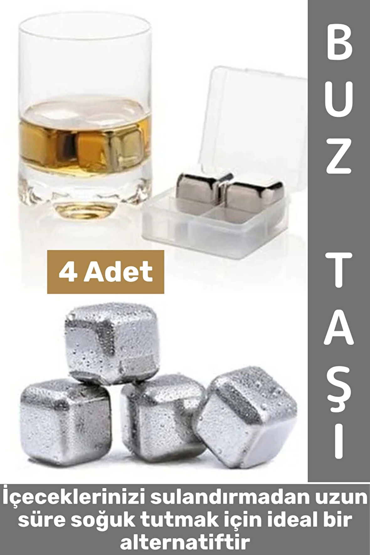 Yıkanabilir Kokteyl İçki Alkol Viski Sulandırmayan Saklama Kutulu Metal Kaplama Buz Taşı 4 Adet