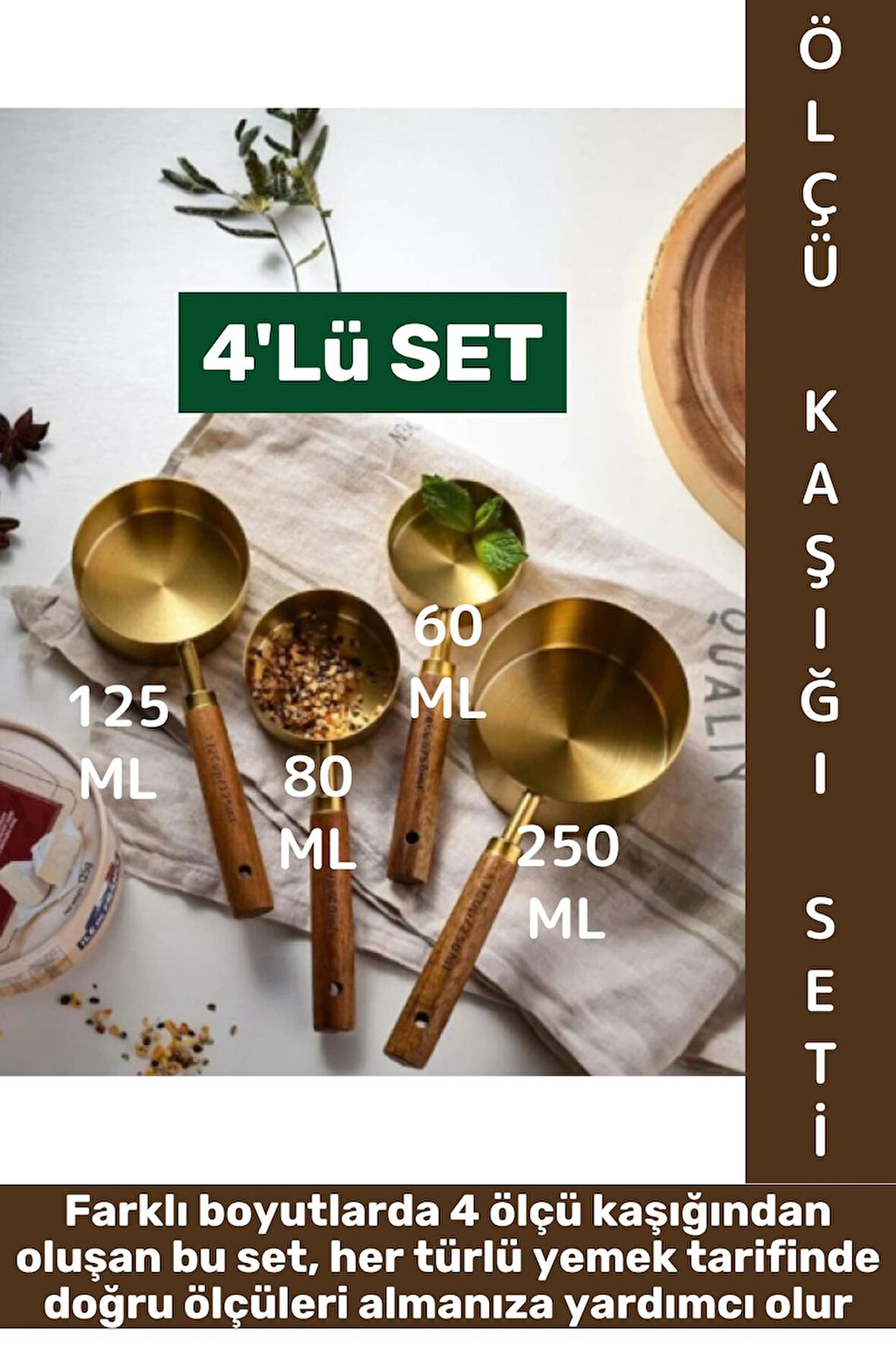 Pratik Mutfak Yemek Hazırlık Bakliyat Sıvı Ölçüm Estetik Gold Renk 4lü Ahşap Saplı Metal Ölçü Kaşığı