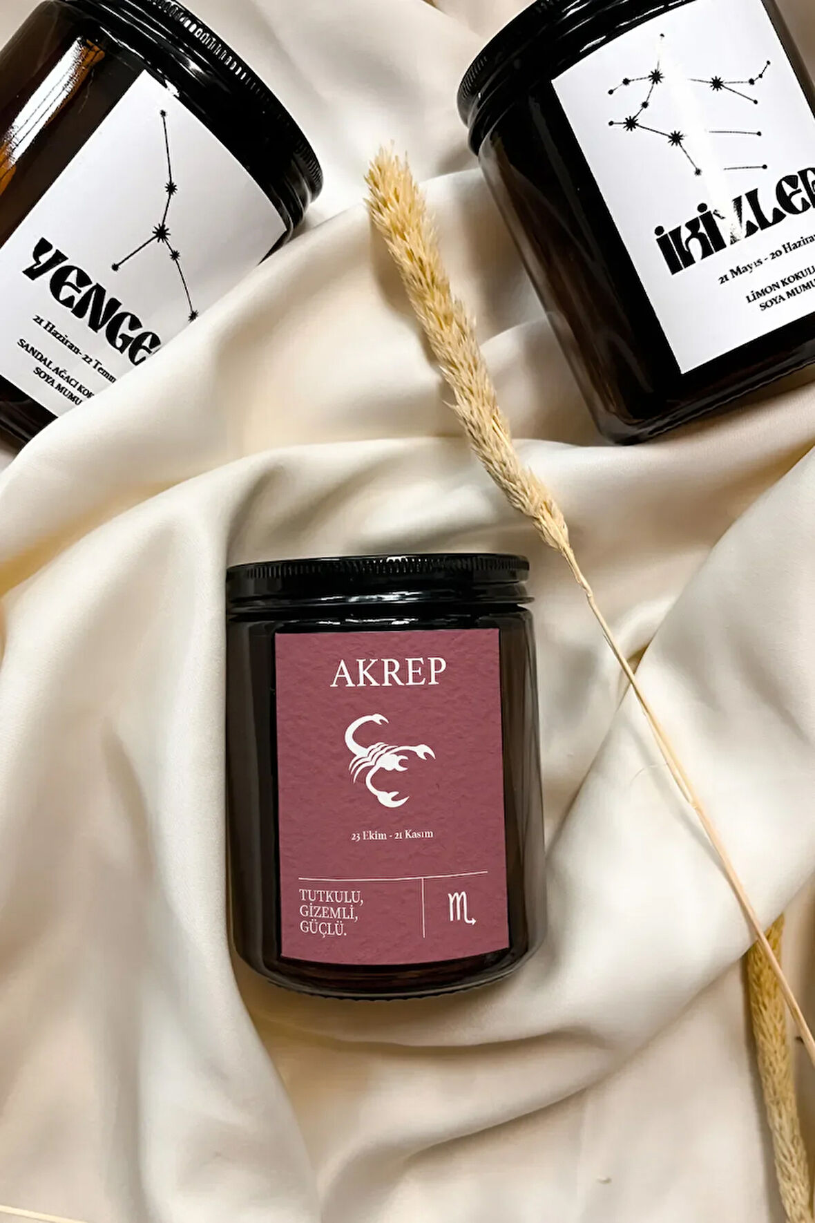 Akrep Burcu Sembol Tasarımı %100 Soya Mumu Otantik Kokulu Amber Kavanoz Mum