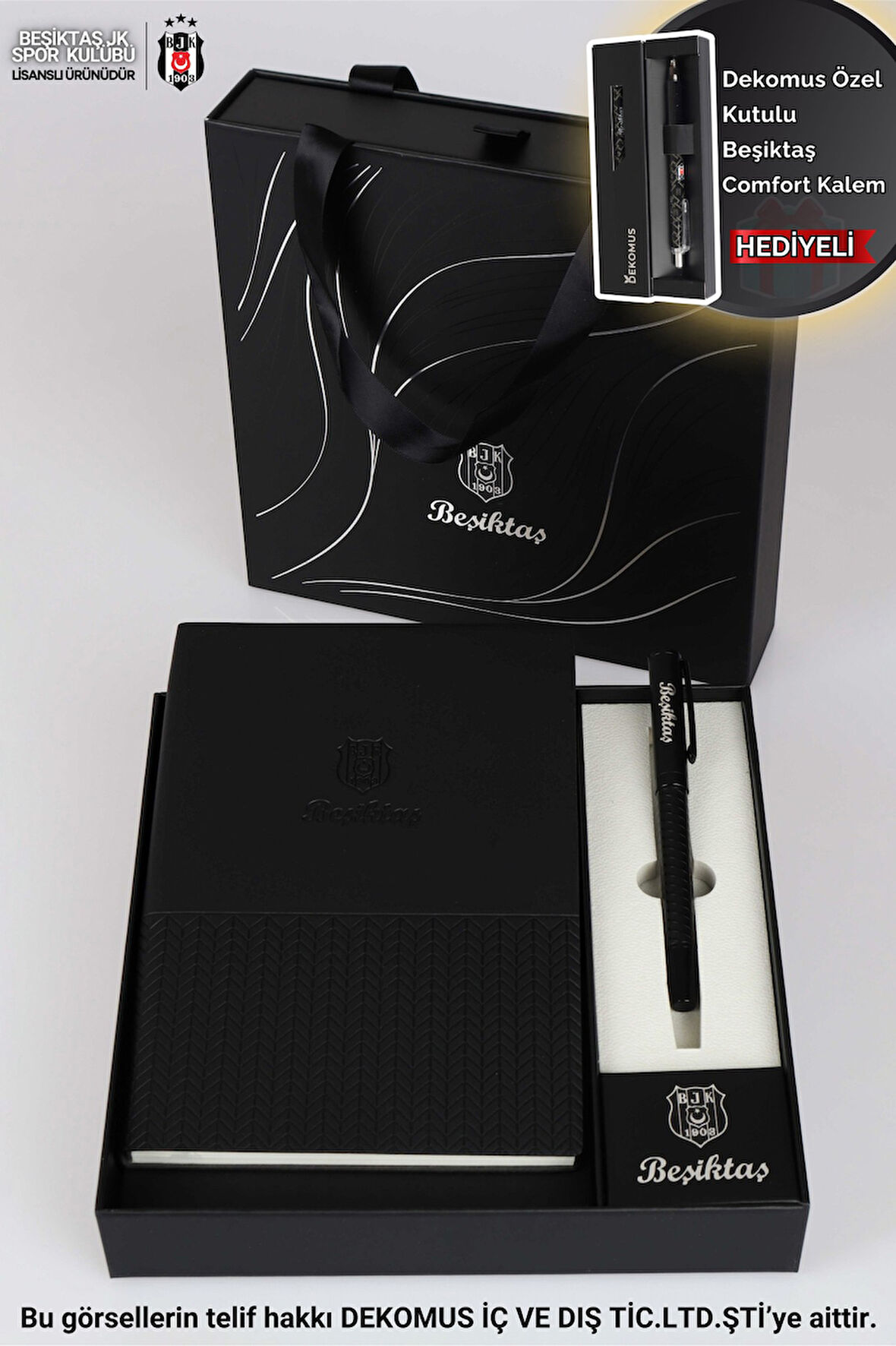 LİSANSLI BEŞİKTAŞ KUTULU VE ÇANTALI DERİ AJANDA VE ROLLER TÜKENMEZ KALEM SETİ "DEKOMUS ÖZEL KUTULU KALEM COMFORT HEDİYELİ"