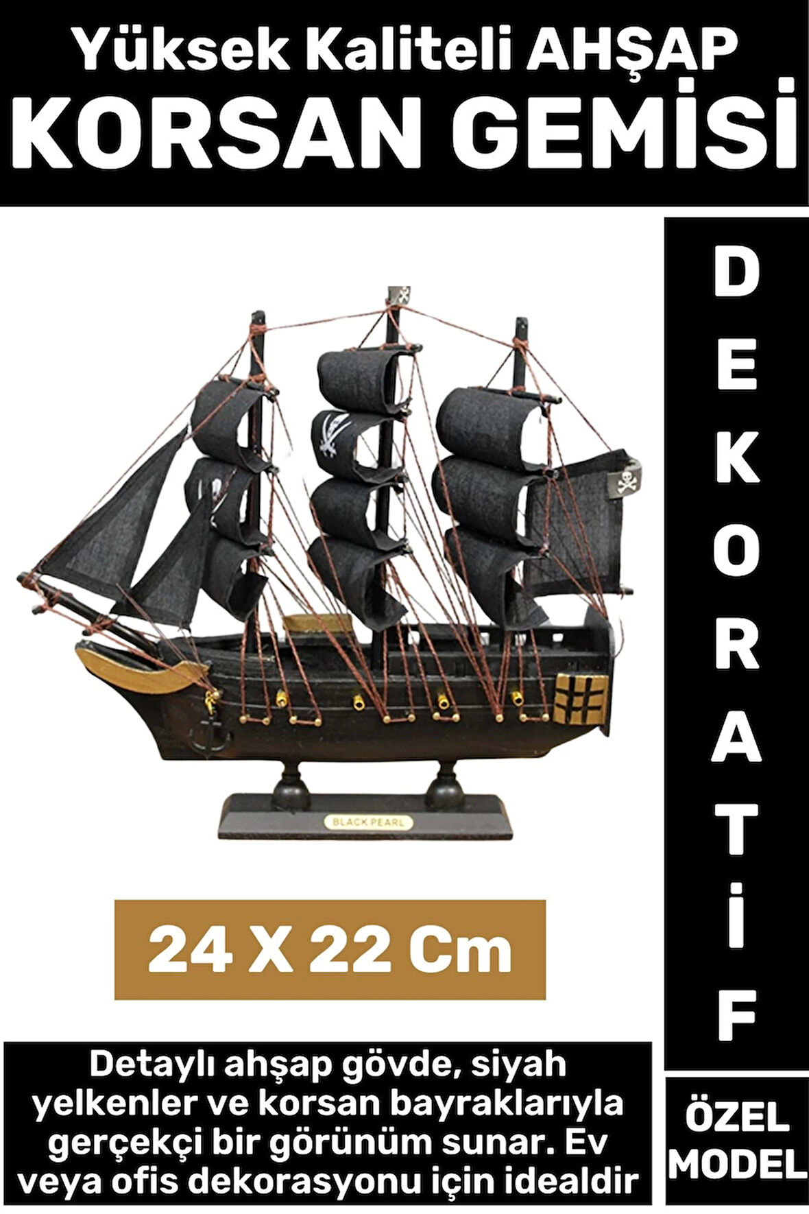 Yüksek Kaliteli Dekoratif Ev Ofis Hediyelik Denizci Koleksiyon Ahşap KORSAN GEMİSİ 24 x 22 Cm
