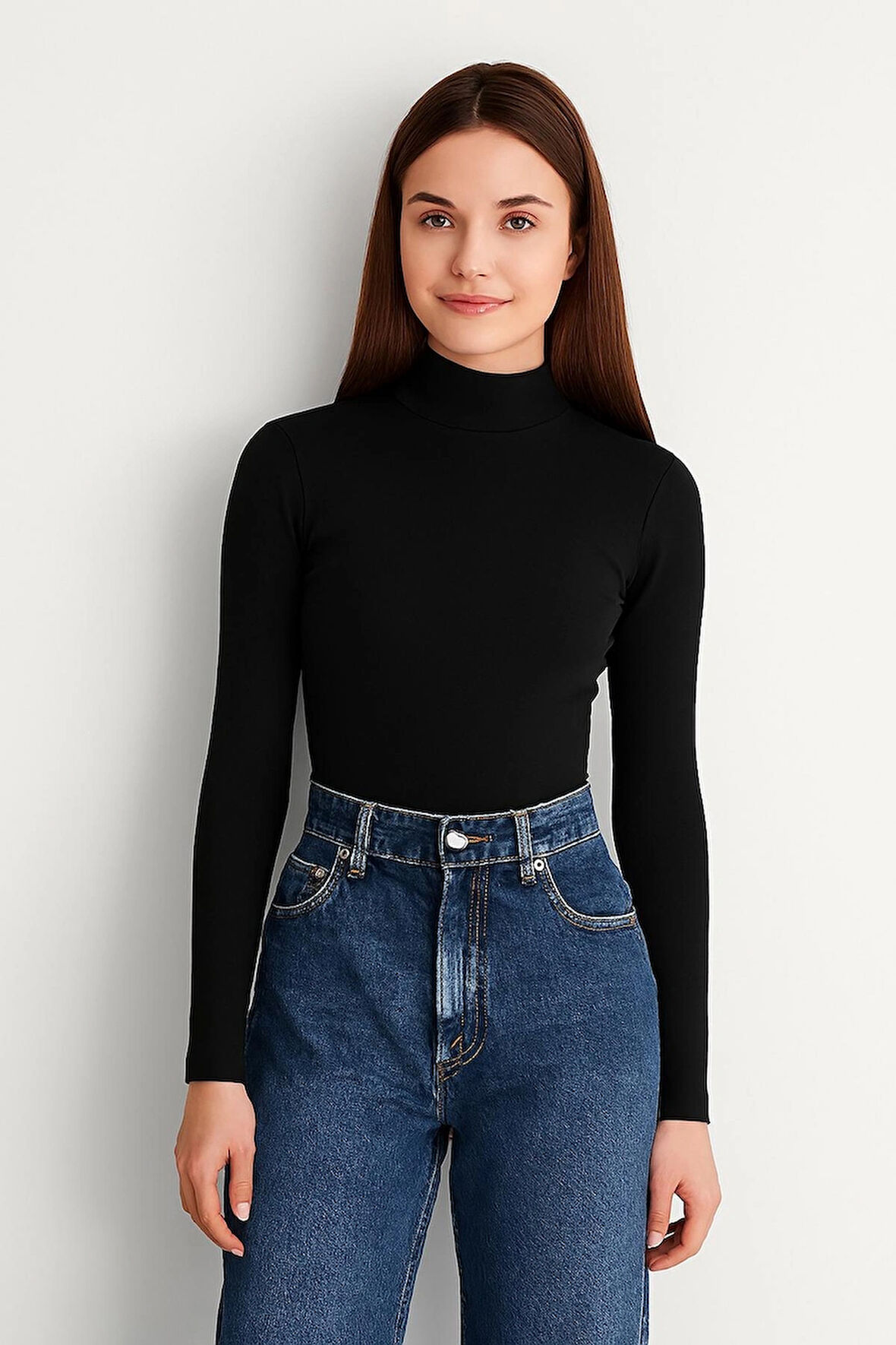 Kadın Balıkcı Yaka Uzun Kollu Esnek Süprem Penye Siyah Badi
