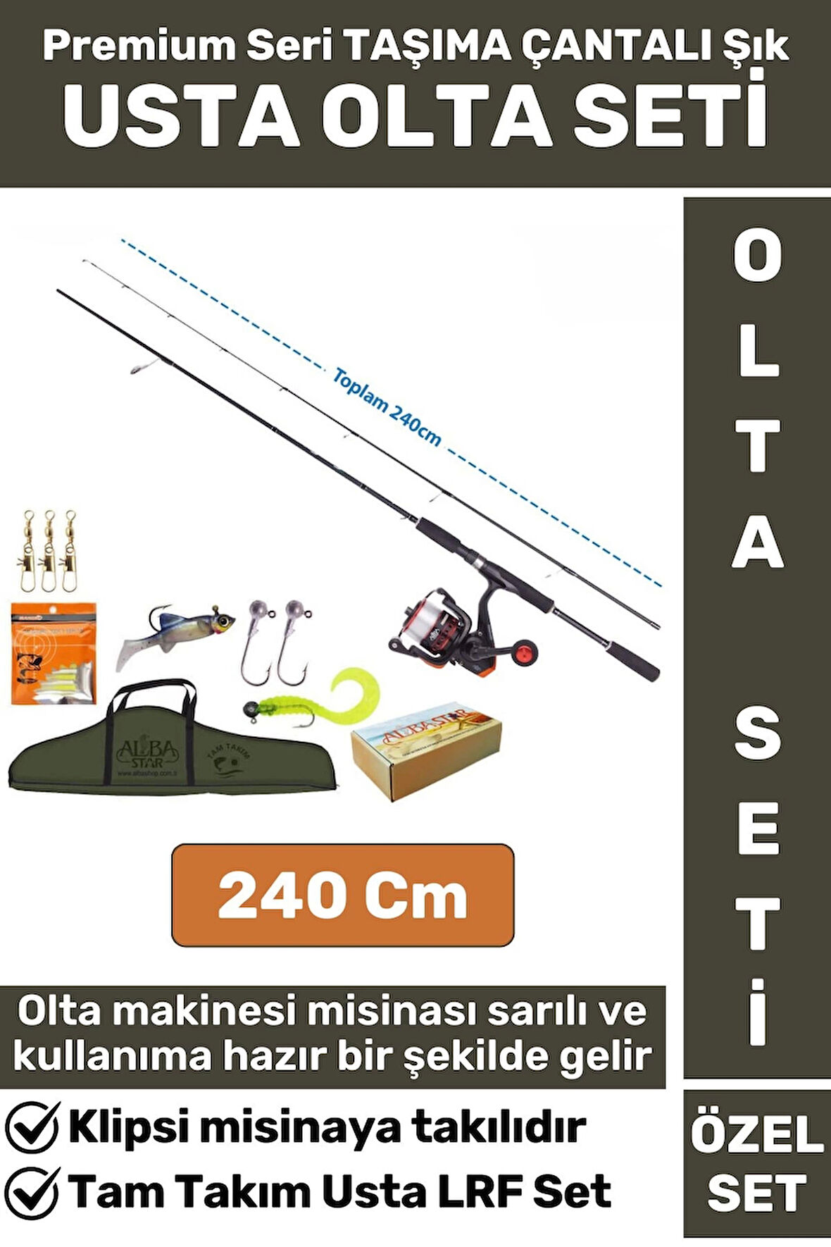 Premium Kullanıma Hazır Şık Taşıma Çantası Hediyeli Balıkçı Hobi Tam Takım USTA LRF OLTA SETİ 240 Cm