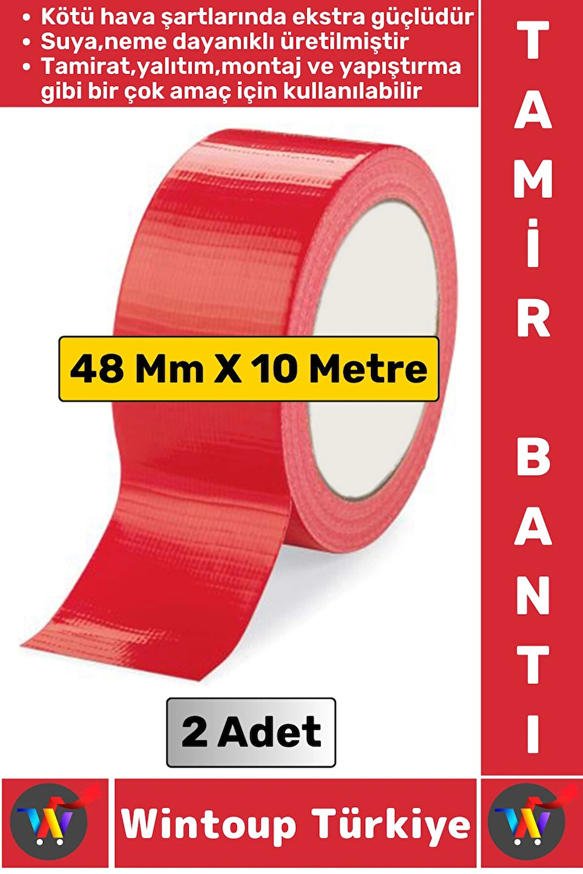 Ultra Güçlü Su Neme Dayanıklı Çok Amaçlı Montaj Onarım İzolasyon Tamir Bantı Kırmızı 48 Mmx10Mt 2 Ad