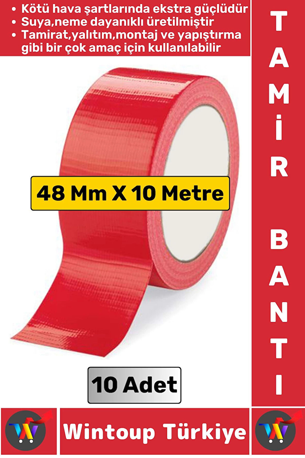 Ultra Güçlü Su Neme Dayanıklı Çok Amaçlı Montaj Onarım İzolasyon Tamir Bantı Kırmızı 48Mmx10Mt 10 Ad