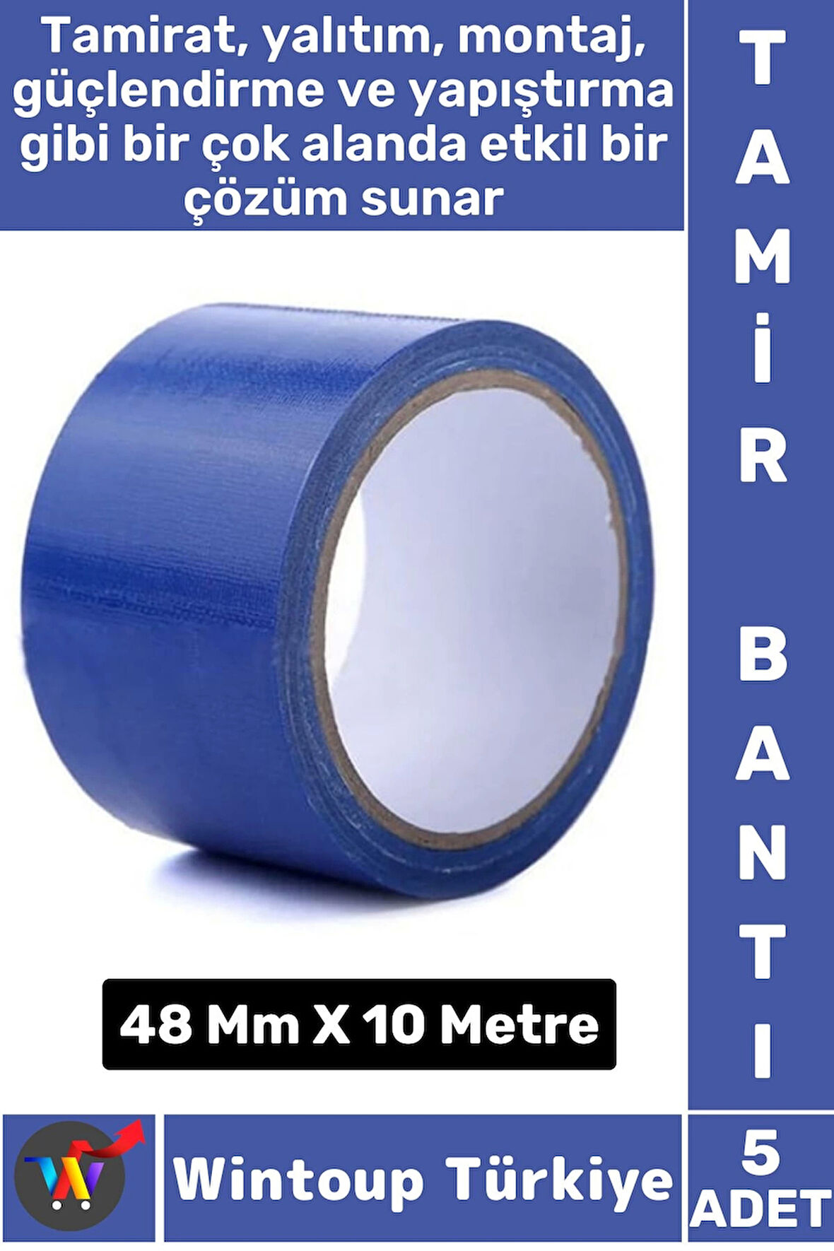 Uzun Ömürlü Su Nem Küfe Dayanıklı Çok Amaçlı MAVİ Montaj Onarım Tamir Bantı 48 Mm X 10 Metre 5 Adet