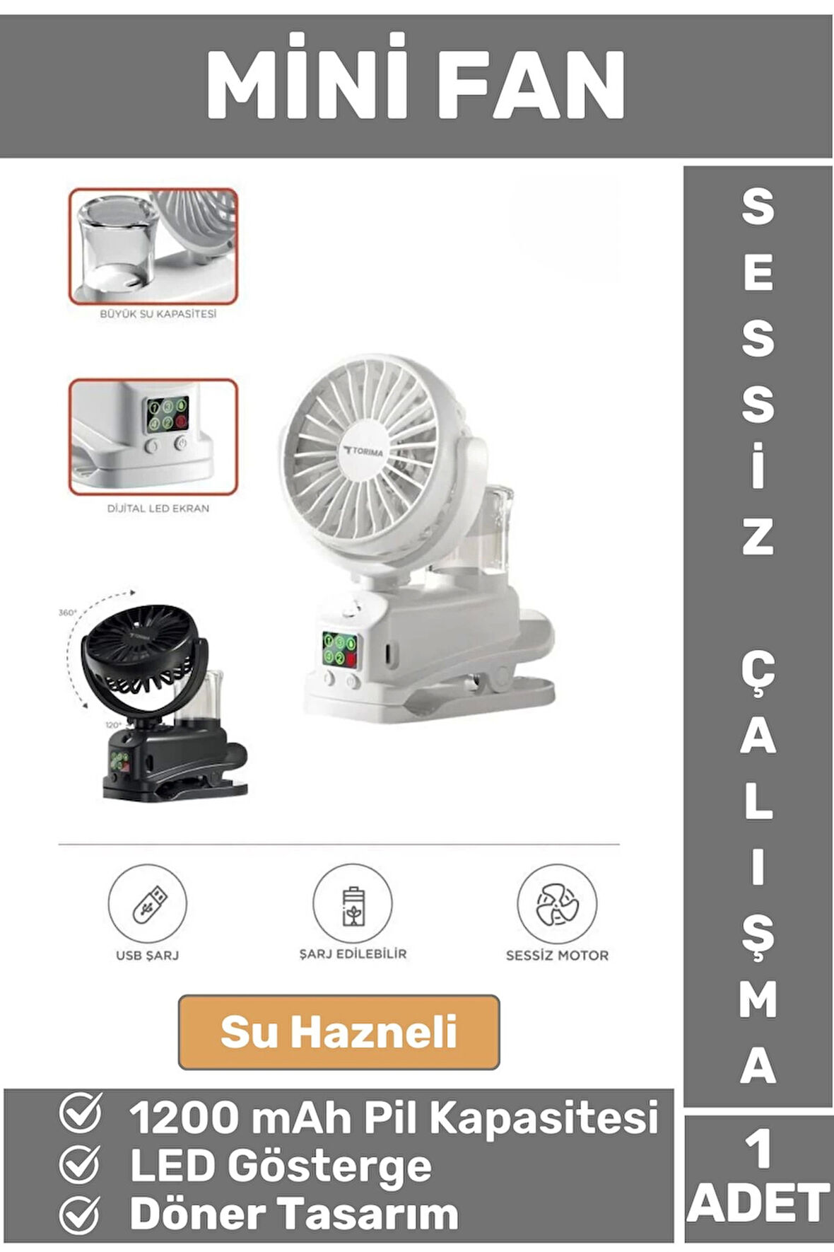 Su Hazneli Dijital Göstergeli Döner Başlıklı Sessiz Çalışma Masaüstü Ev Ofis Mini Vantilatör FAN