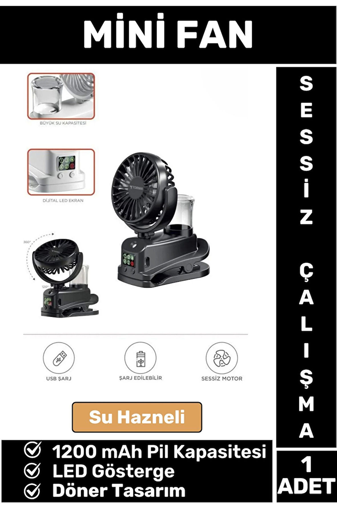 Su Hazneli Dijital Göstergeli Döner Başlıklı Sessiz Çalışma Masaüstü Ev Ofis Mini Vantilatör FAN