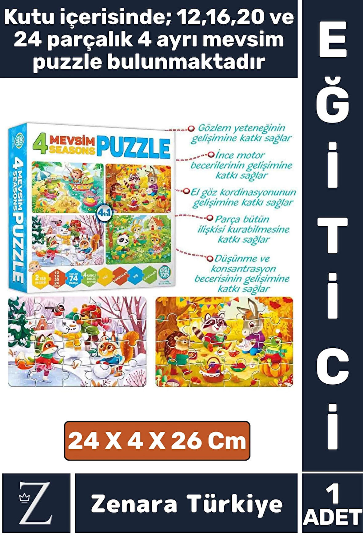 Eğitici Zeka El Göz Koordinasyon Geliştirici Çocuk 12 + 16 + 20 + 24 Parça "4 MEVSİM" 4 in 1 PUZZLE