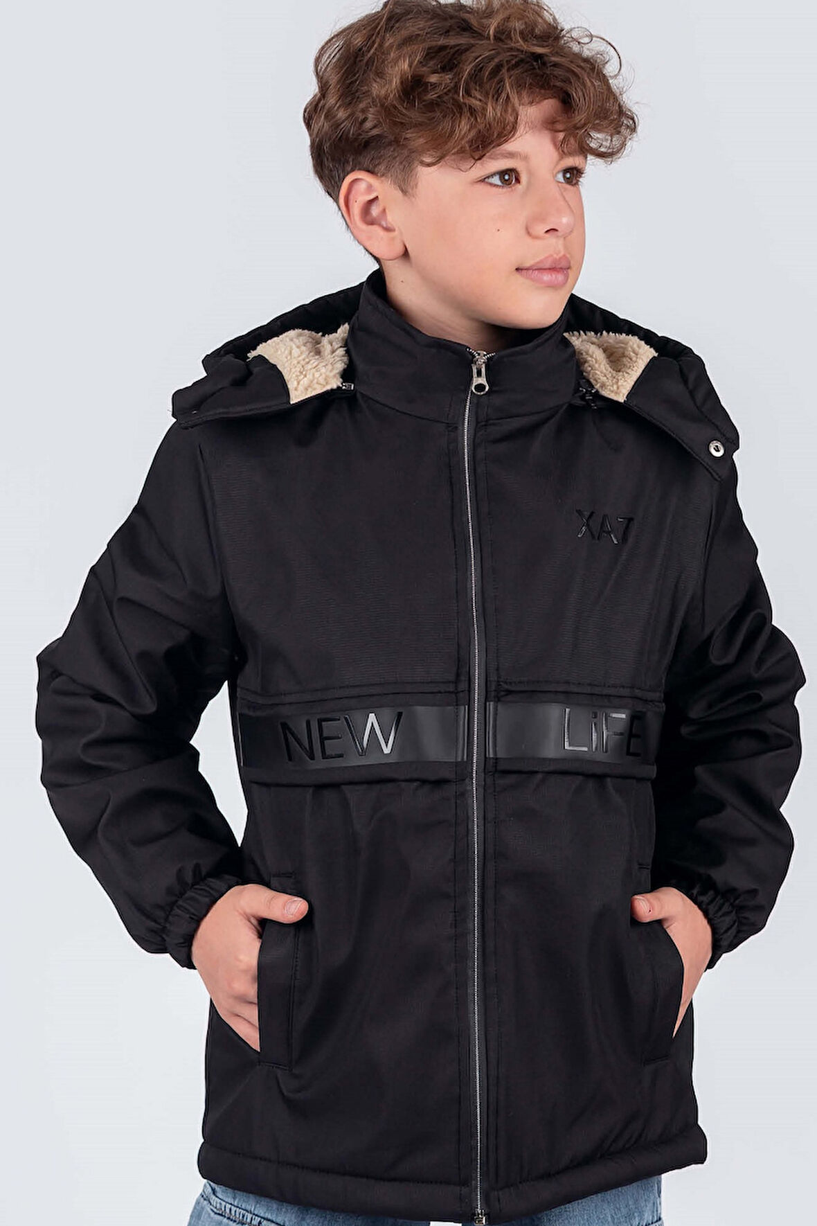 Erkek Çocuk Çıkarılabilir Kapüşonlu New Life Baskılı Kışlık Mont KM7361
