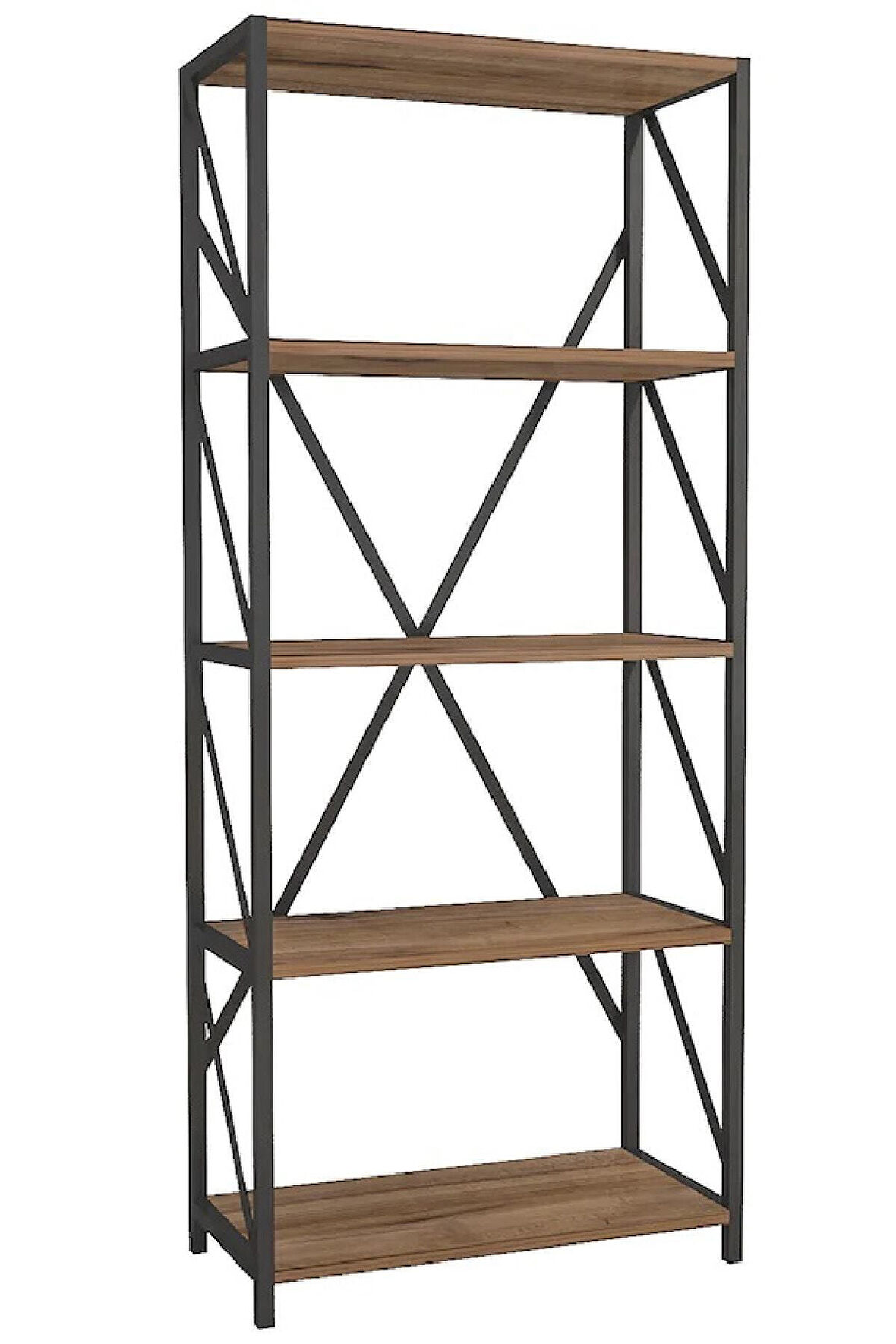 Ofis Çalışma Odası Dekoratif Endüstriyel Metal Kitaplık Dolap Ahşap Çam 5 Raflı 178x70 Cm