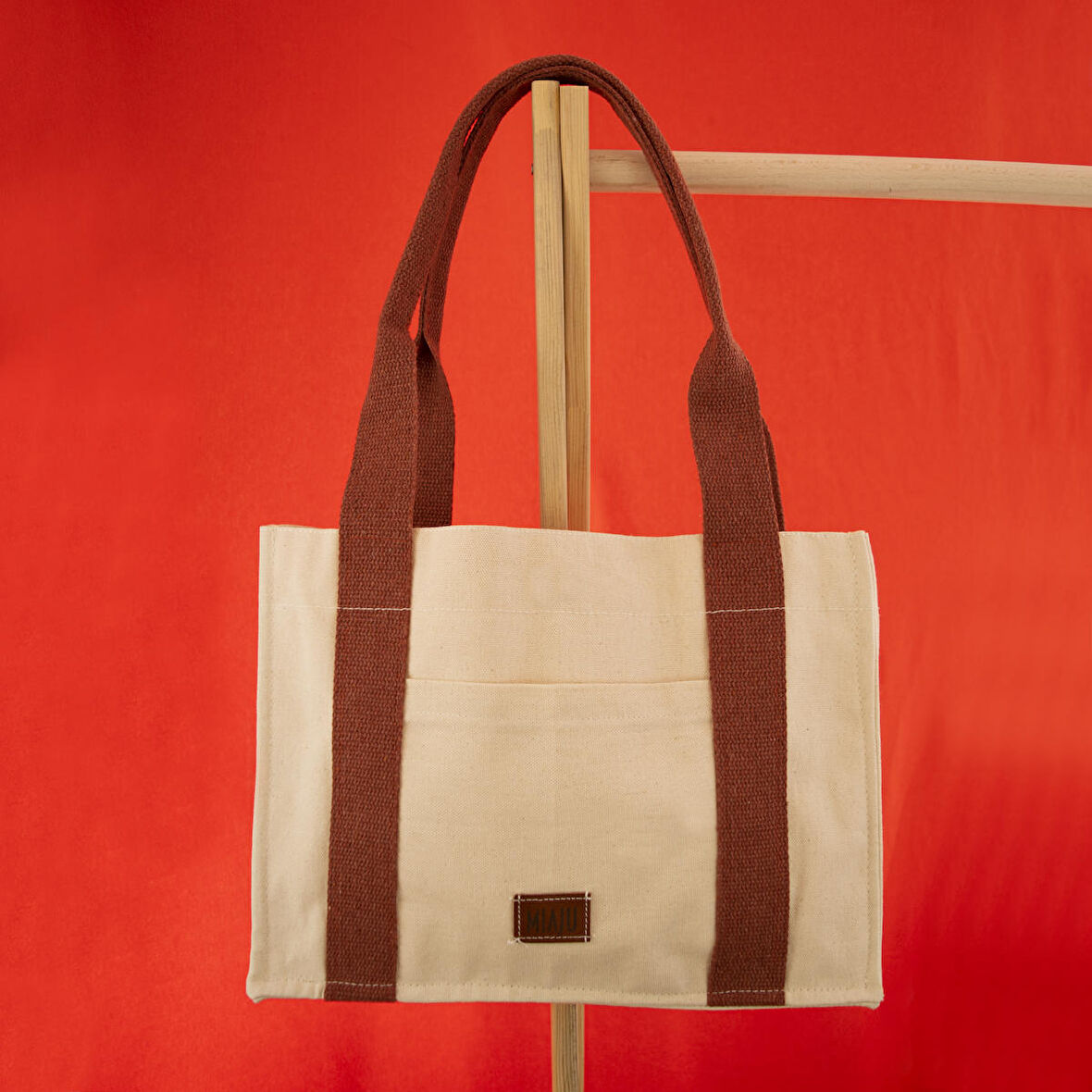 Krem&Kiremit Tote Bag, Ön ve İç Cep Detaylı, 25x35 cm, Kadın Günlük Kol ve Omuz Çantası
