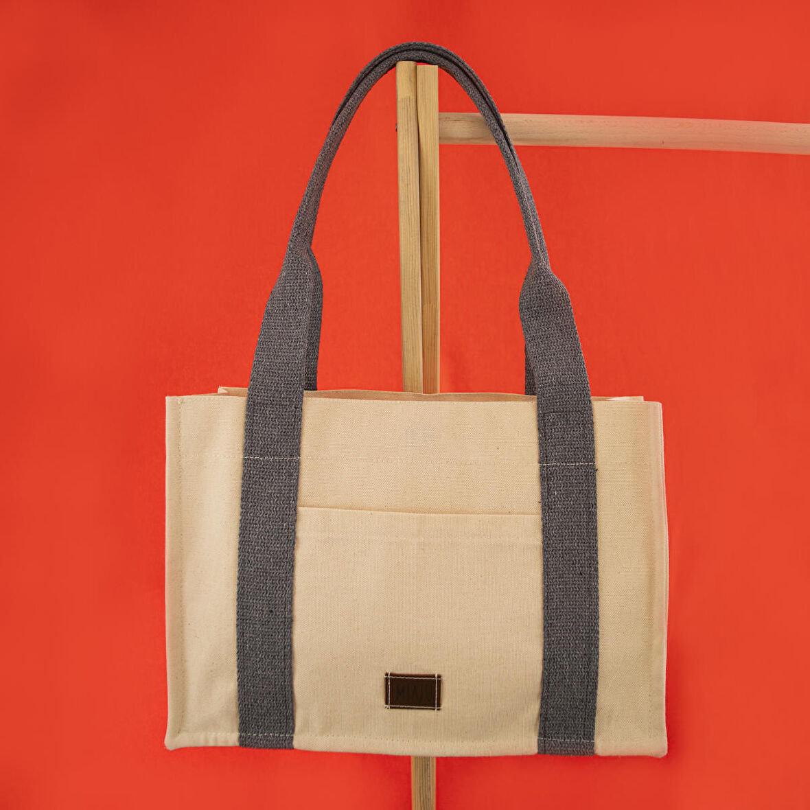 Krem&Gri Tote Bag, Ön ve İç Cep Detaylı, 25x35 cm, Kadın Günlük Kol ve Omuz Çantası