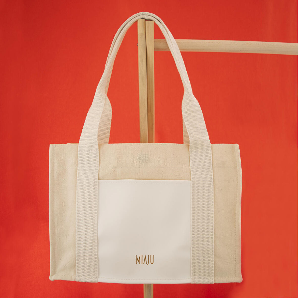 Deri Cepli Kanvas Tote Bag, Orta Boy Krem-Beyaz Kadın Kol ve Omuz Çantası, 35x25 cm, Ön ve İç Cepli