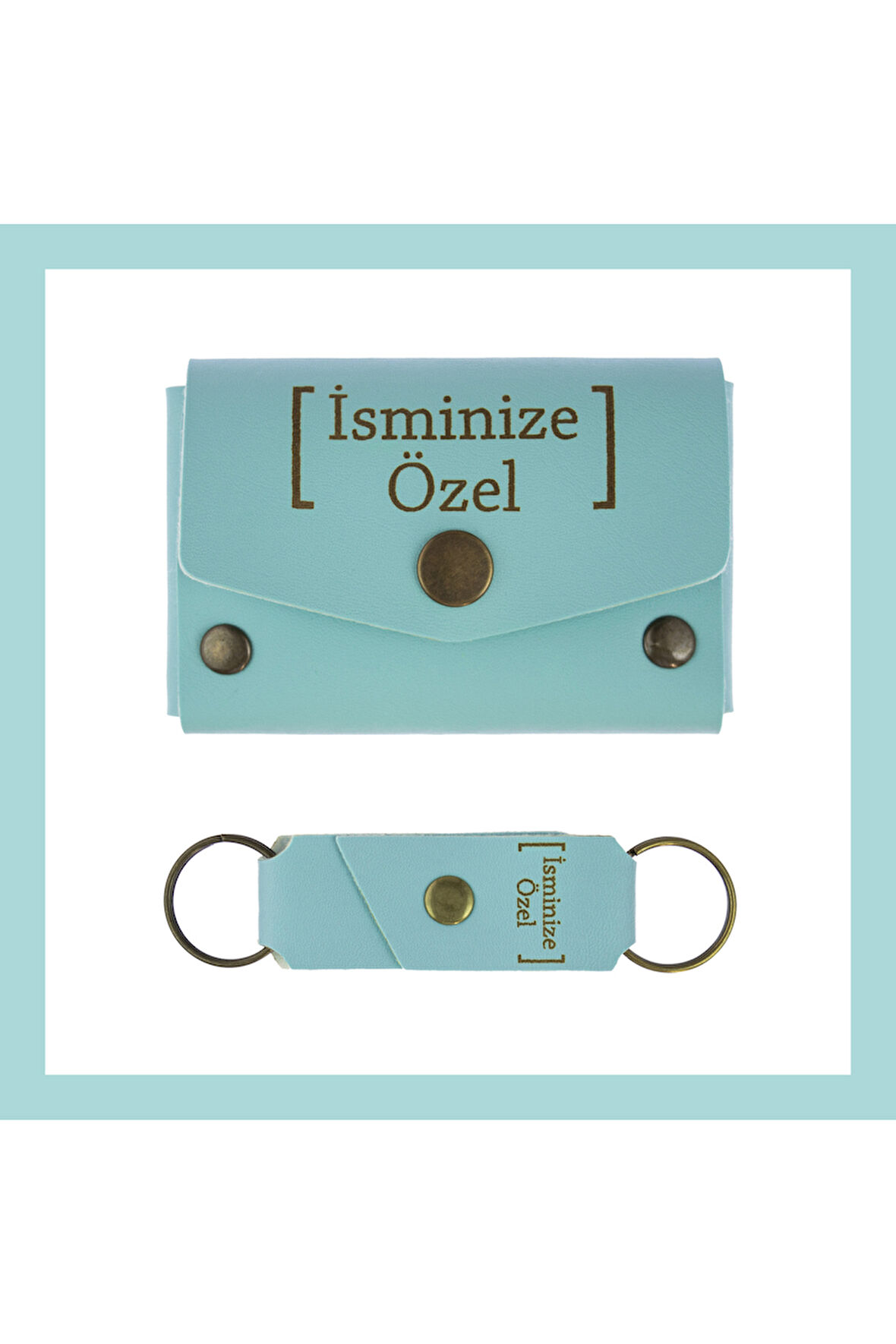 Turkuaz, İsme Özel Cüzdan Ve Anahtarlık Set, Kişisel Hediyelik Şık Deri Cüzdan & Anahtarlık Takım