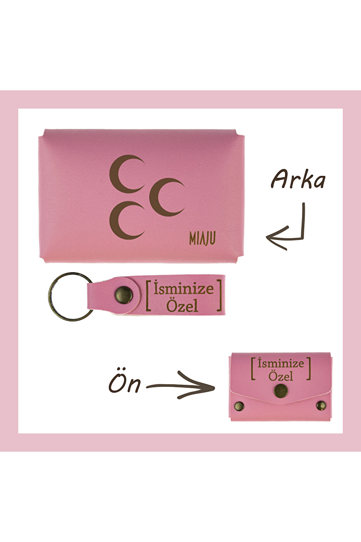 Pembe Renk, Üç Hilal Sevenlere Özel Üretim, İsme Özel Cüzdan Ve Anahtarlık Set, Efsane Hediye Takım