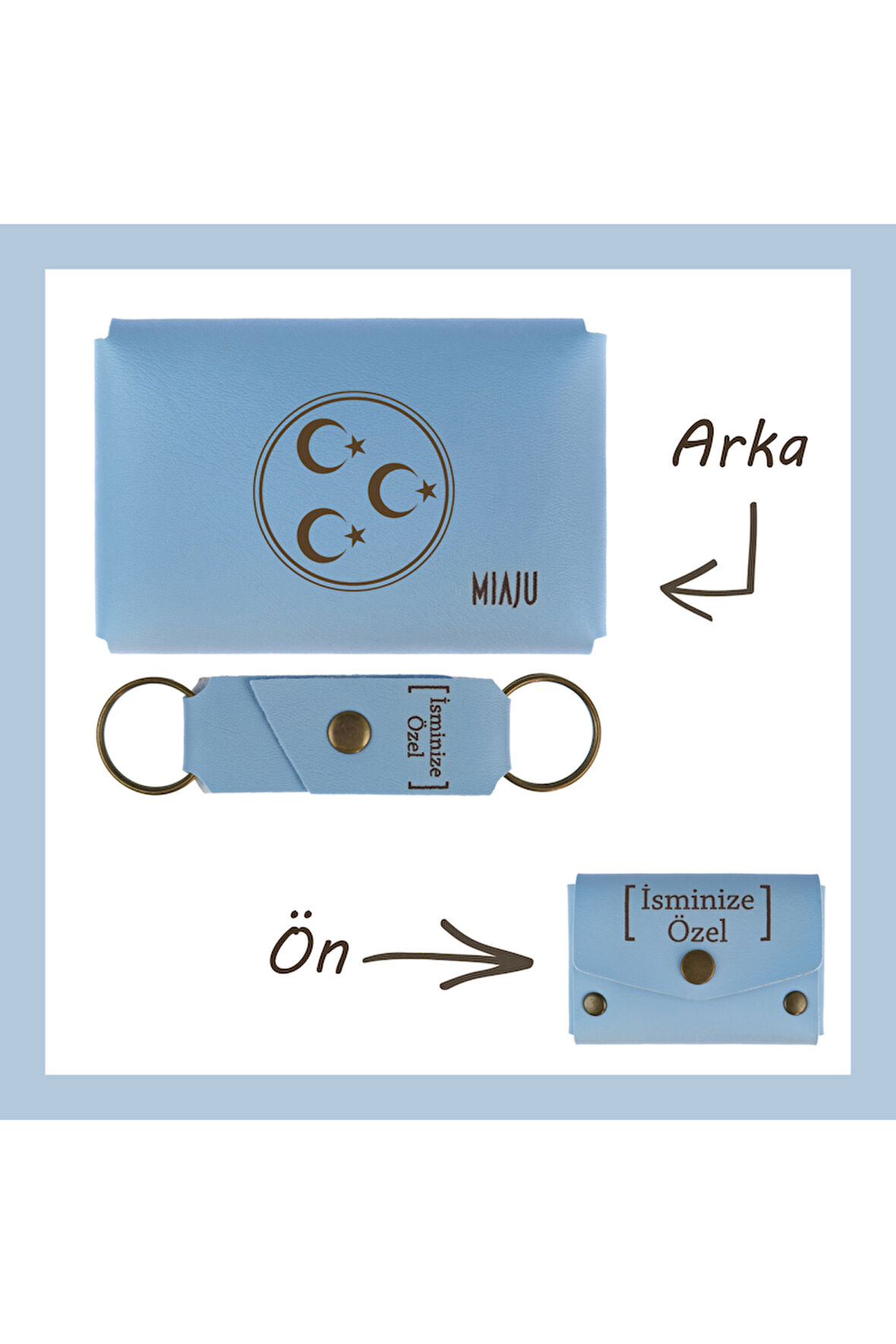 Açık Mavi, Üç Hilal Ve Yıldız Motifli, İsme Özel Cüzdan Ve Anahtarlık Set, Arkadaşa Unutulmaz Hediye