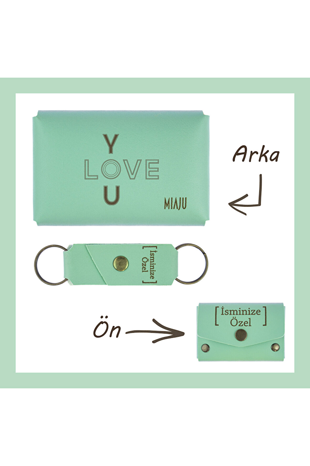 Açık Yeşil, I LoVE YOu Desenli, İsme Özel Cüzdan Ve Anahtarlık Set, Akrabaya Hediye Aksesuar
