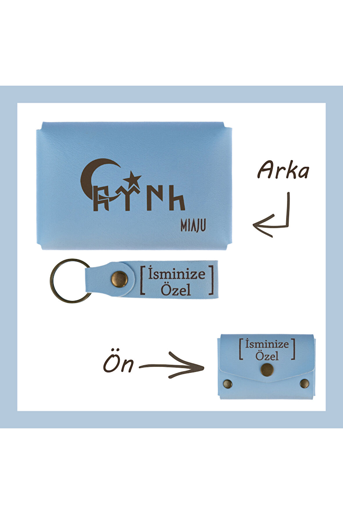 Açık Mavi, Türk Ve Ayyıldız Desenli, İsme Özel, Cüzdan Ve Anahtarlık Set, Sevgililere Hediye Hatıra