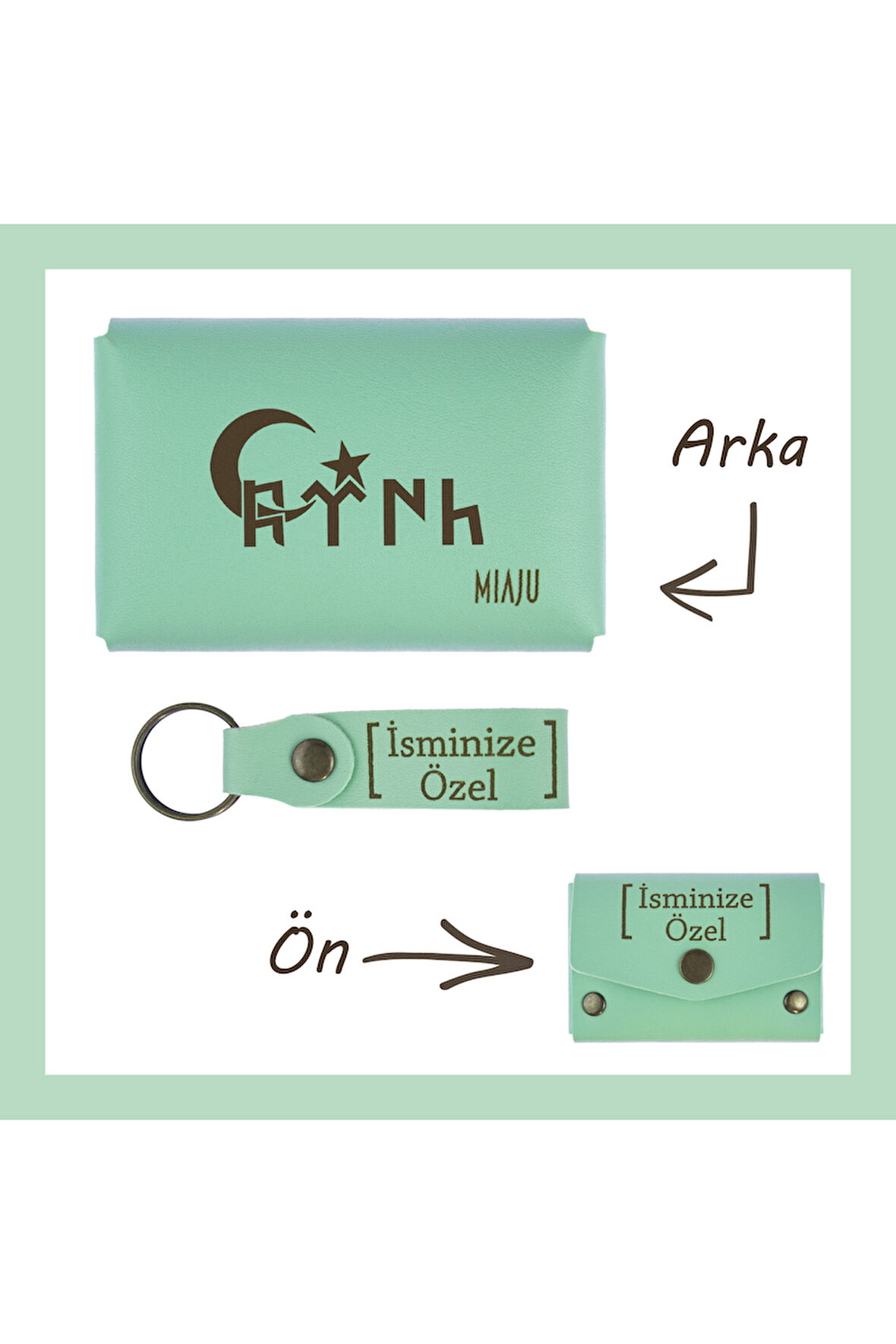 Açık Yeşil, Türk Yazılı, İsme Özel Kişiselleştirilebilir Cüzdan Ve Anahtarlık Set, Arkadaşına Hediye