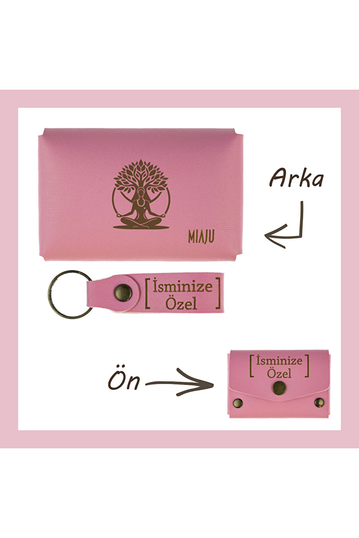 Pembe Renk, Hayat Ağacı Sevenler İçin, İsme Özel Cüzdan Ve Anahtarlık Set, Efsane Hatıra Set
