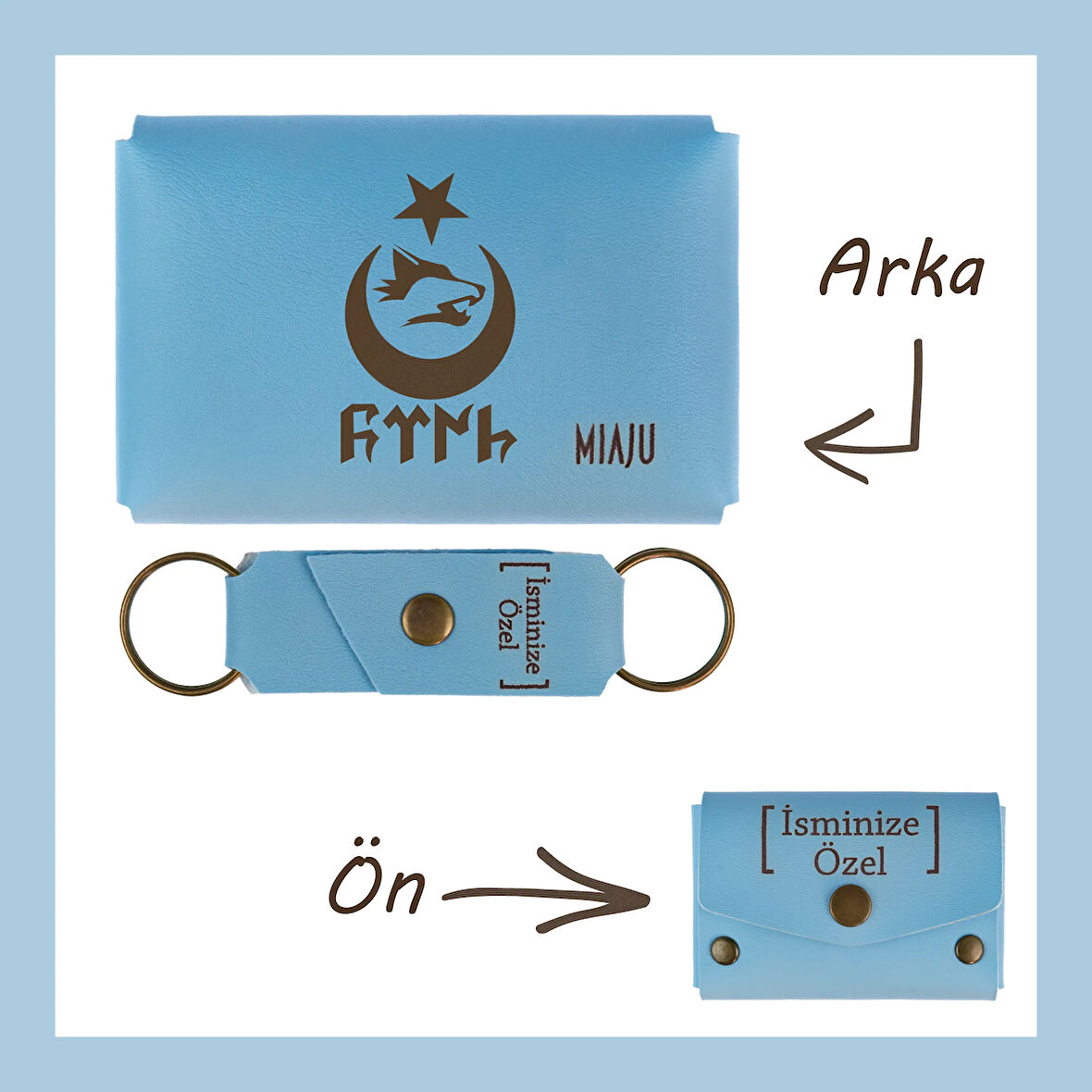 Açık Mavi, Bozkurt Ay Yıldız Motifli, İsme Özel Cüzdan Ve Anahtarlık Set, Arkadaşa Unutulmaz Hediye