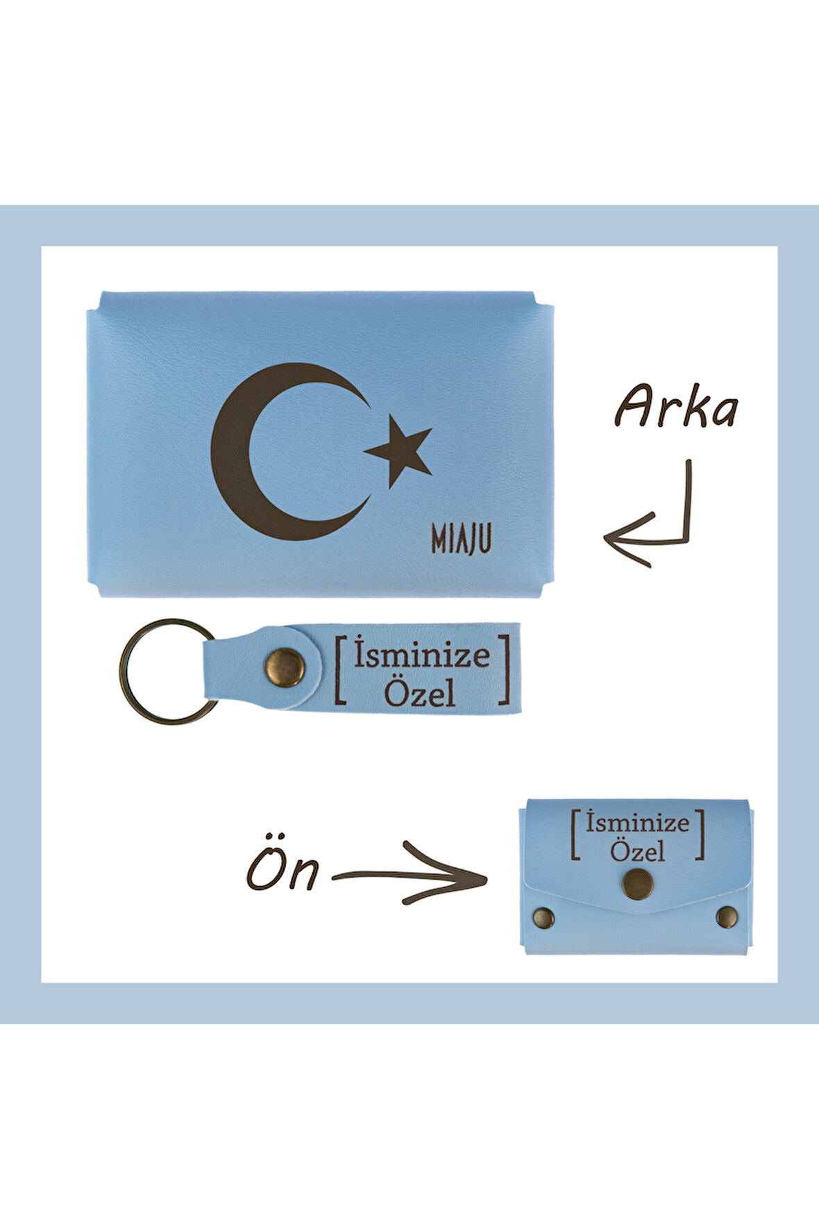 Açık Mavi, Ay Yıldız Desenli, İsme Özel, Cüzdan Ve Anahtarlık Set, Hediyelik Anı, Eşsiz Hatıra