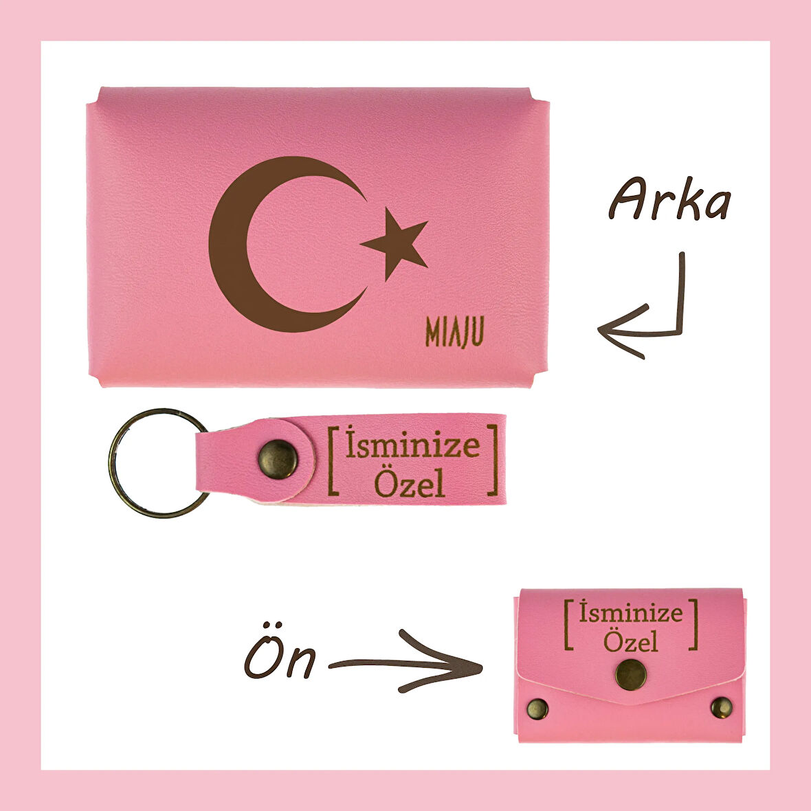 Pembe Renk, Ayyıldız Yazılı, Adına Özel Kişisel Cüzdan Ve Anahtarlık Set, Arkadaşa, Kankiye Hediye