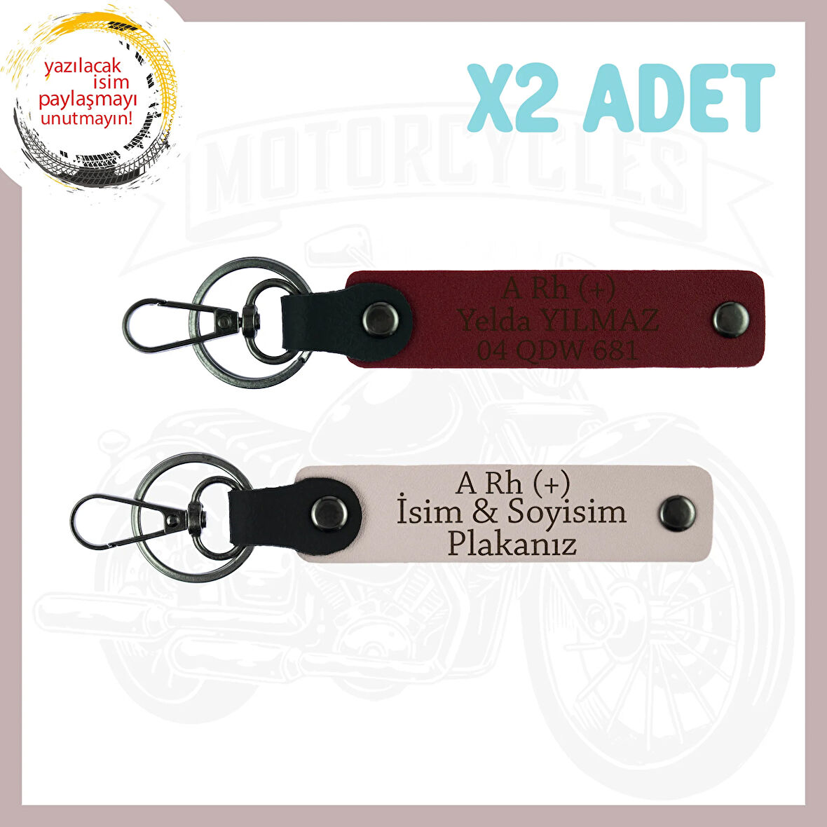 Pudra-Bordo, Biker Stiline Özel, İsim Plaka ve A Rh (+) Kan Grubu Yazılı 2li Motorsiklet Anahtarlığı