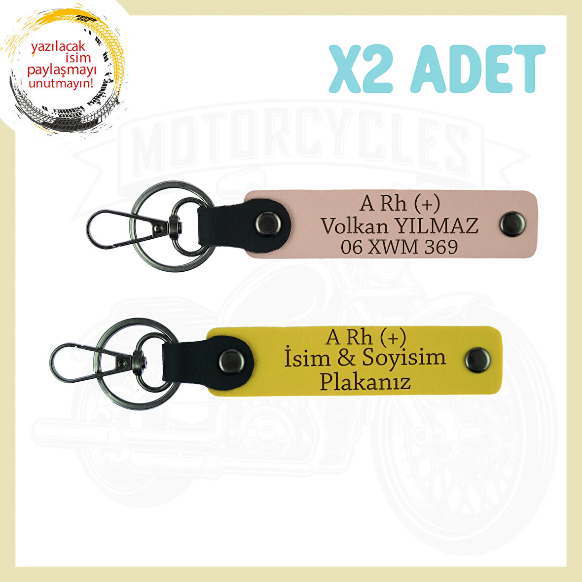 Yavruağzı-Sarı, Motorcu Dostlara, İsim Plaka ve Kan Grubu Yazılı Kişiselleştirilebilir x2 Anahtarlık