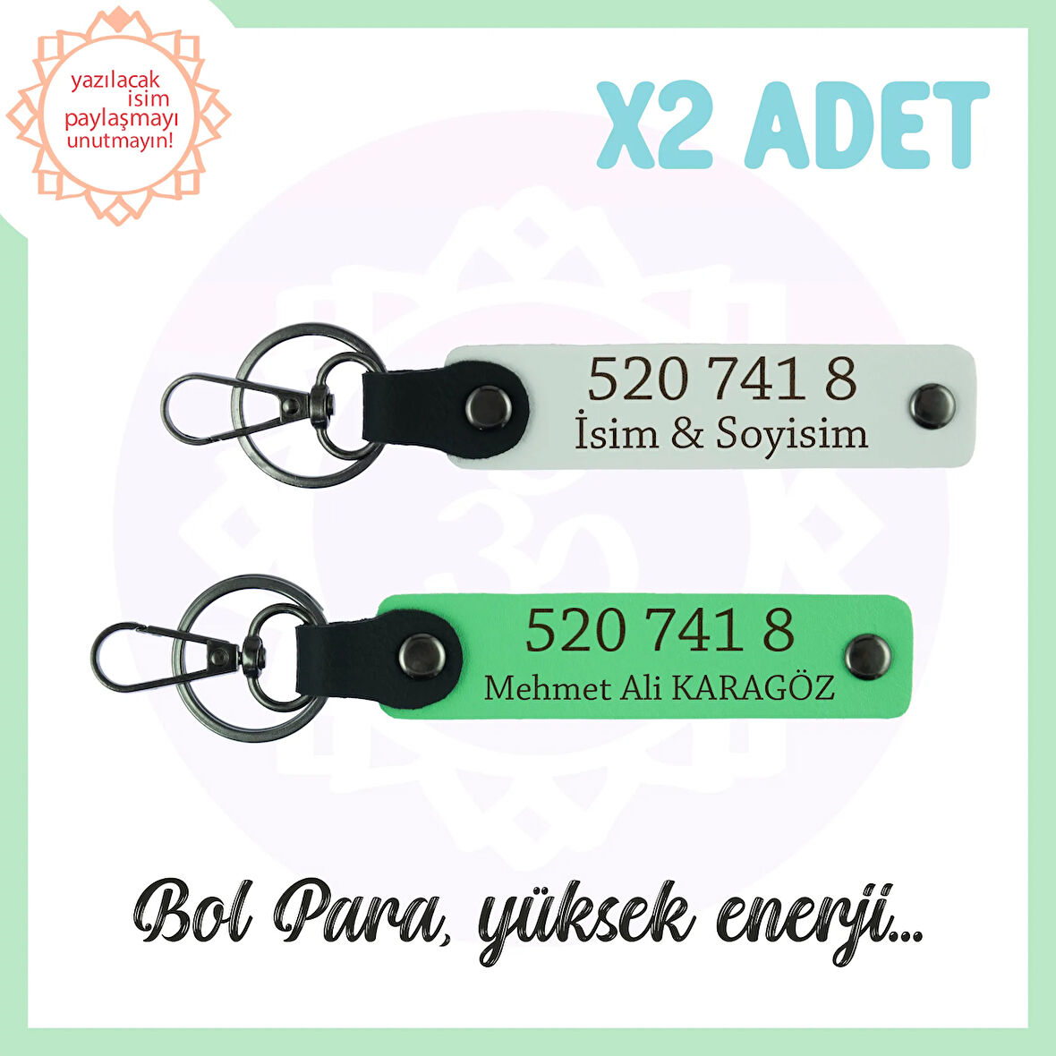 Beyaz-F. Yeşil, İsminize Özel Tasarım Manevi Güç Veren Özel Hediye 520 741 8 Başarı 2'li Anahtarlık